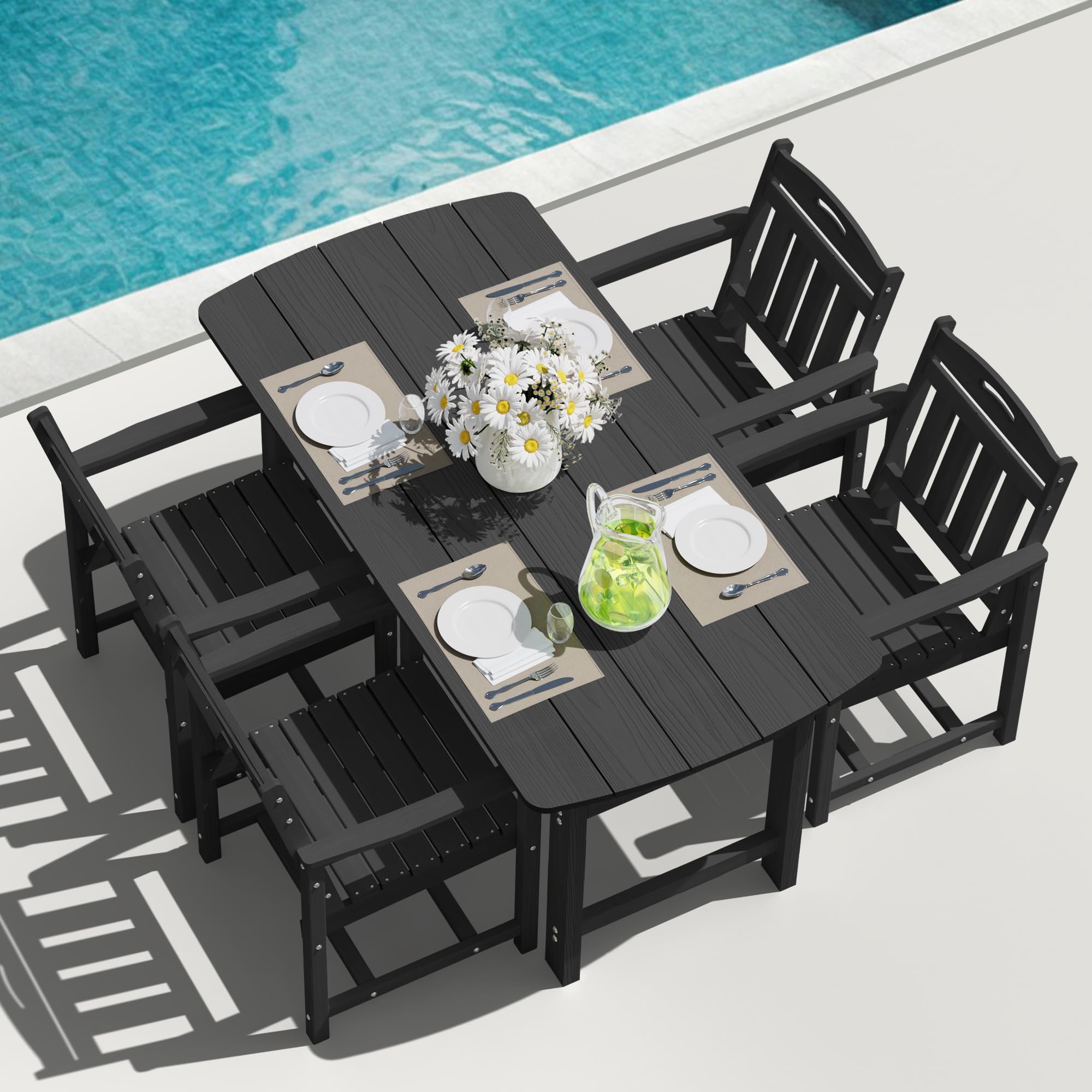 HDPE Outdoor Dining Set, Patio Table and Chairs Set, All-Weather 7-Piece Outside Table and 6 Chairs, 2" Umbrella Hole, Outdoor Furniture for Garden, Poolside, Backyard, Deck | Black