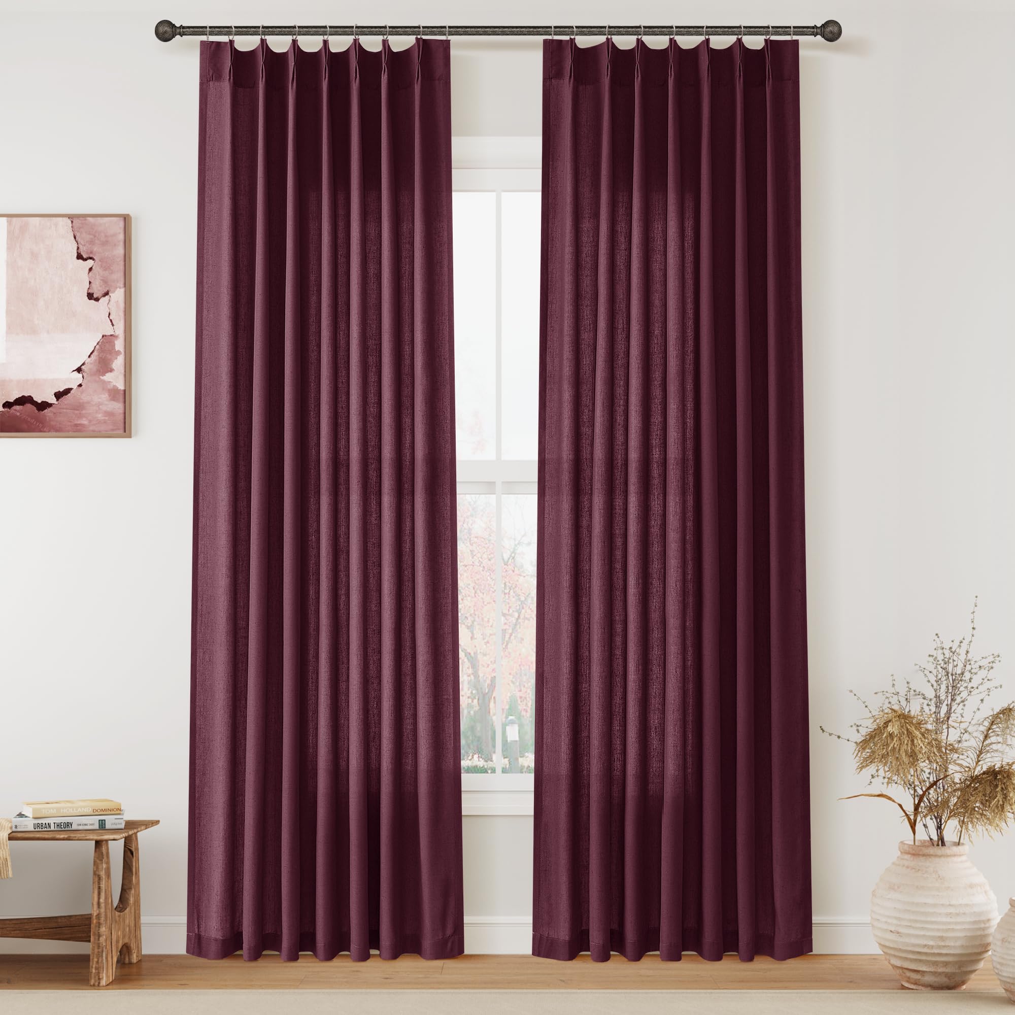 Extra Long Linen Curtains 108 Inch for Living Room Cream Pinch Pleated 9 FT Drapes Semi Sheer Ceiling to Floor Curtain for Bedroom Back Tab Flax Neutral Boho Decor Window, Natural Beige Ivory 2 Panels