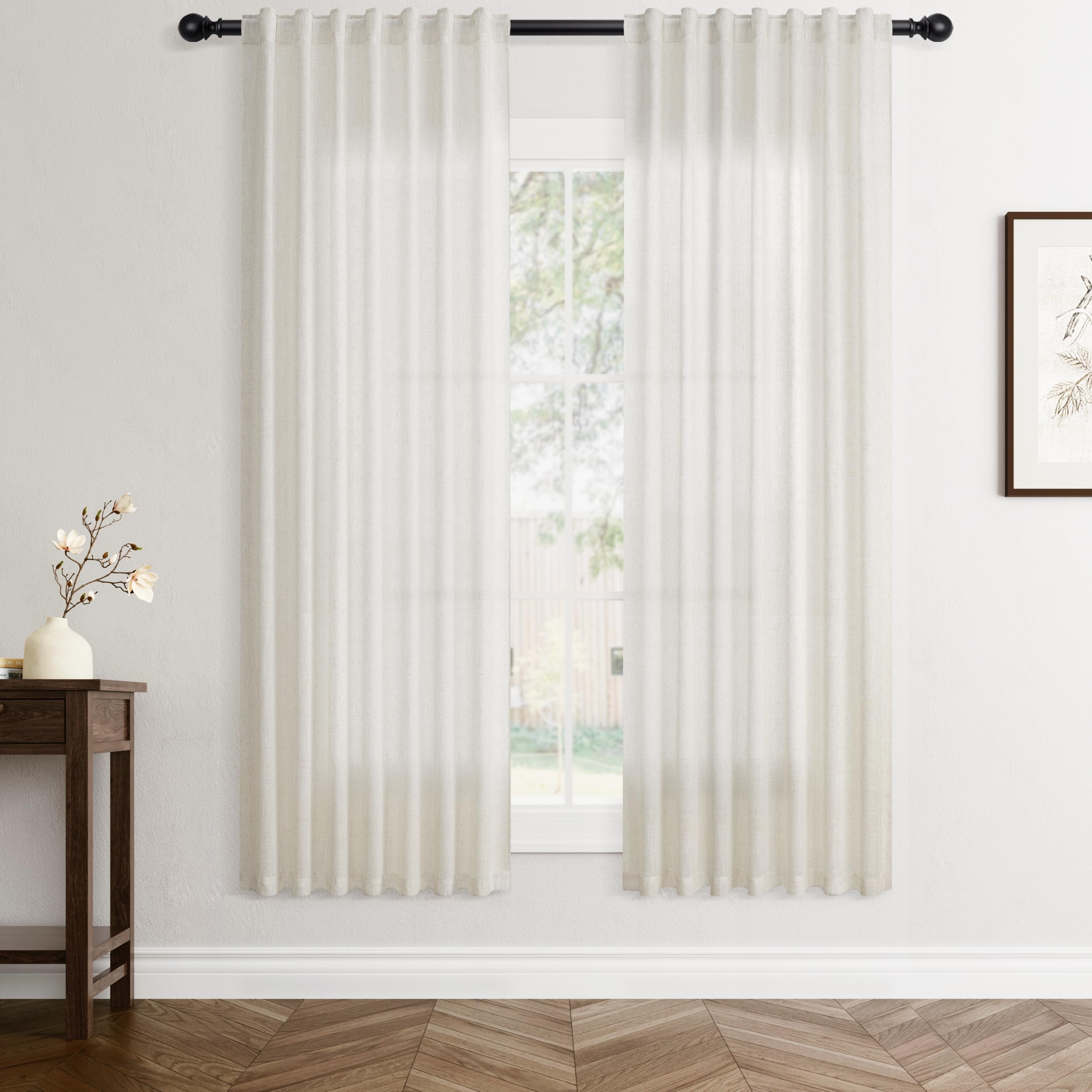 Flax Linen Beige Curtains 96 inches Long 2 Panel for Living Room Back Tab Pocket Drapes Semi Sheer Privacy Khaki Window Curtain Country Rustic Farmhouse Cloth Curtain for Dinning Room Tan