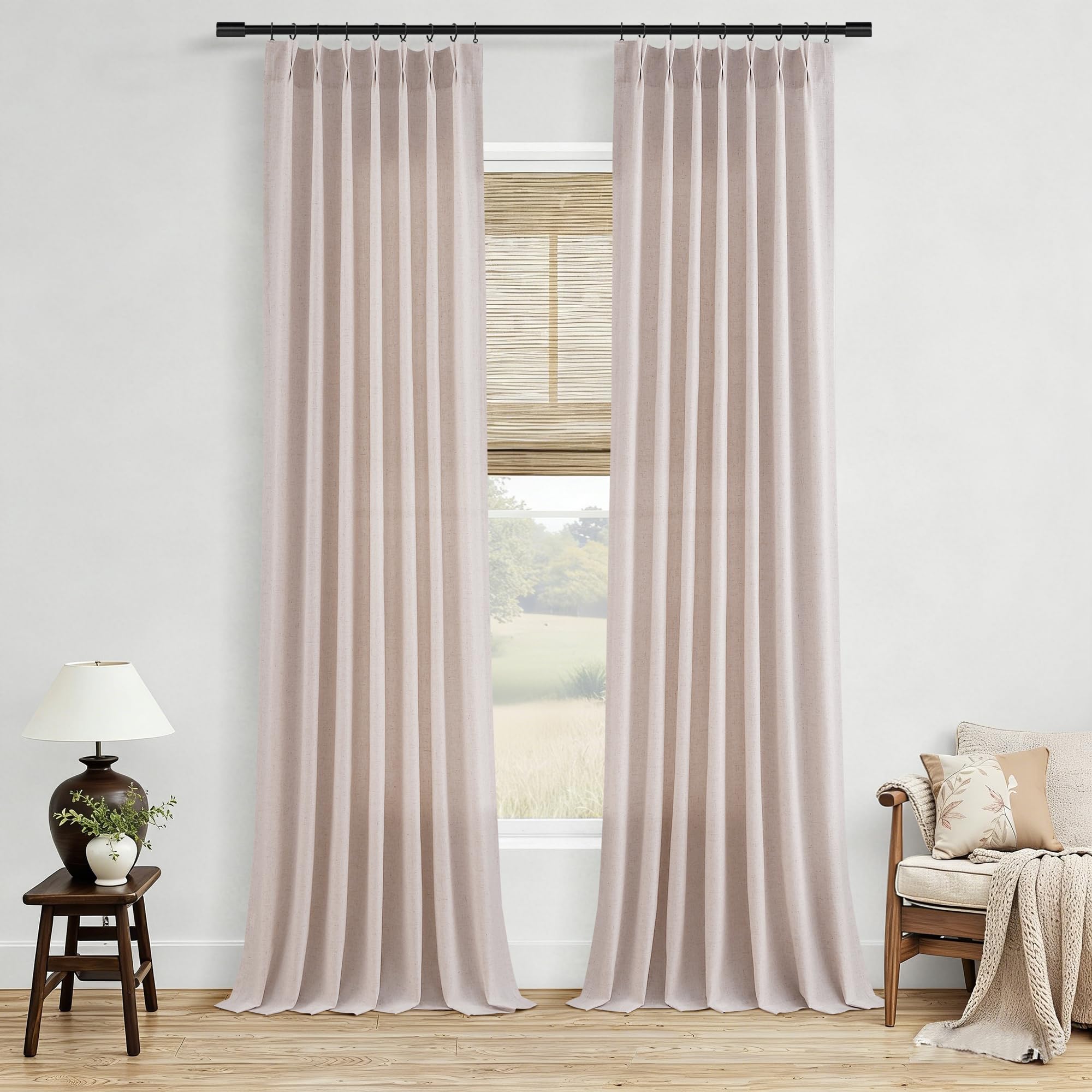 Extra Long Linen Curtains 108 Inch for Living Room Cream Pinch Pleated 9 FT Drapes Semi Sheer Ceiling to Floor Curtain for Bedroom Back Tab Flax Neutral Boho Decor Window, Natural Beige Ivory 2 Panels