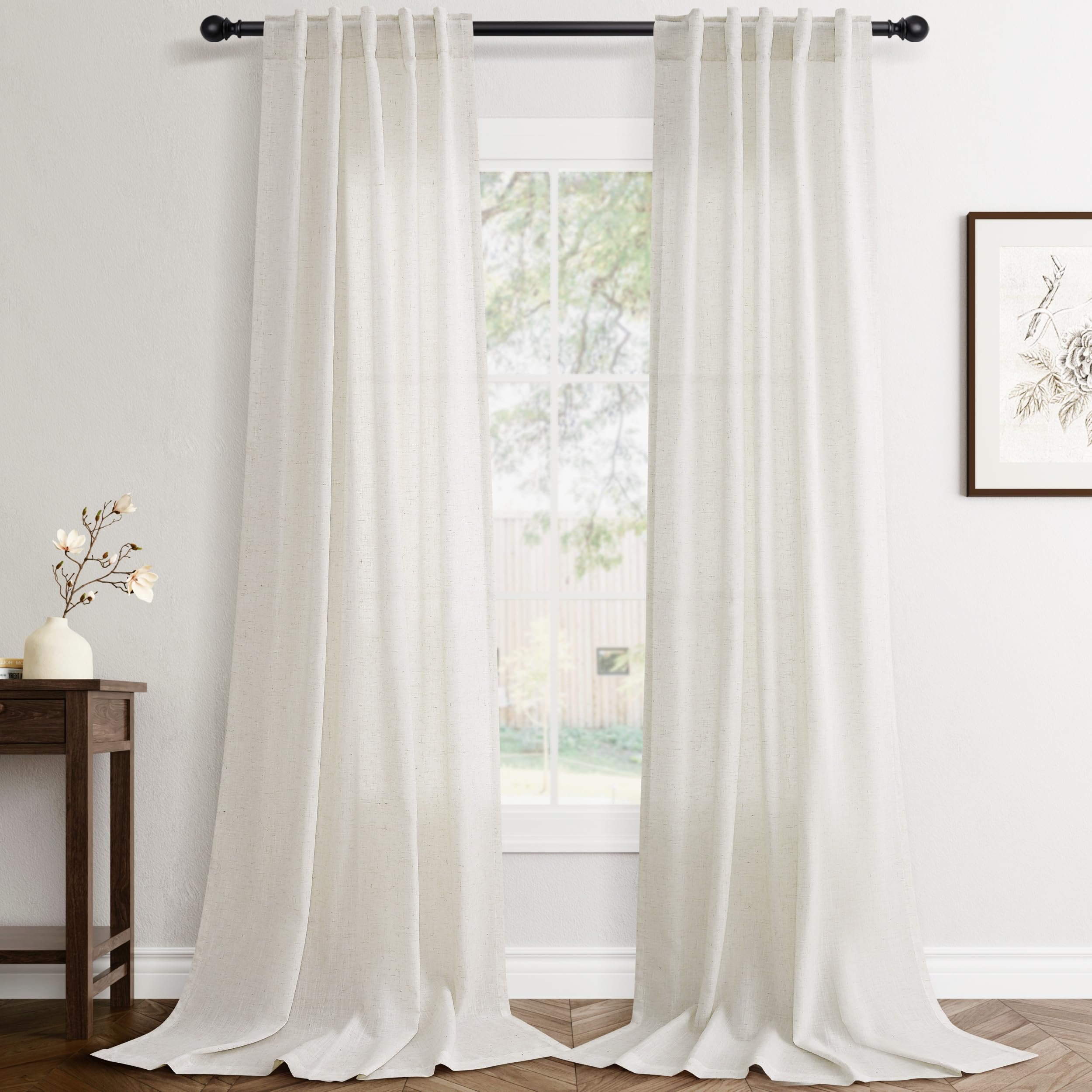 Flax Linen Beige Curtains 96 inches Long 2 Panel for Living Room Back Tab Pocket Drapes Semi Sheer Privacy Khaki Window Curtain Country Rustic Farmhouse Cloth Curtain for Dinning Room Tan