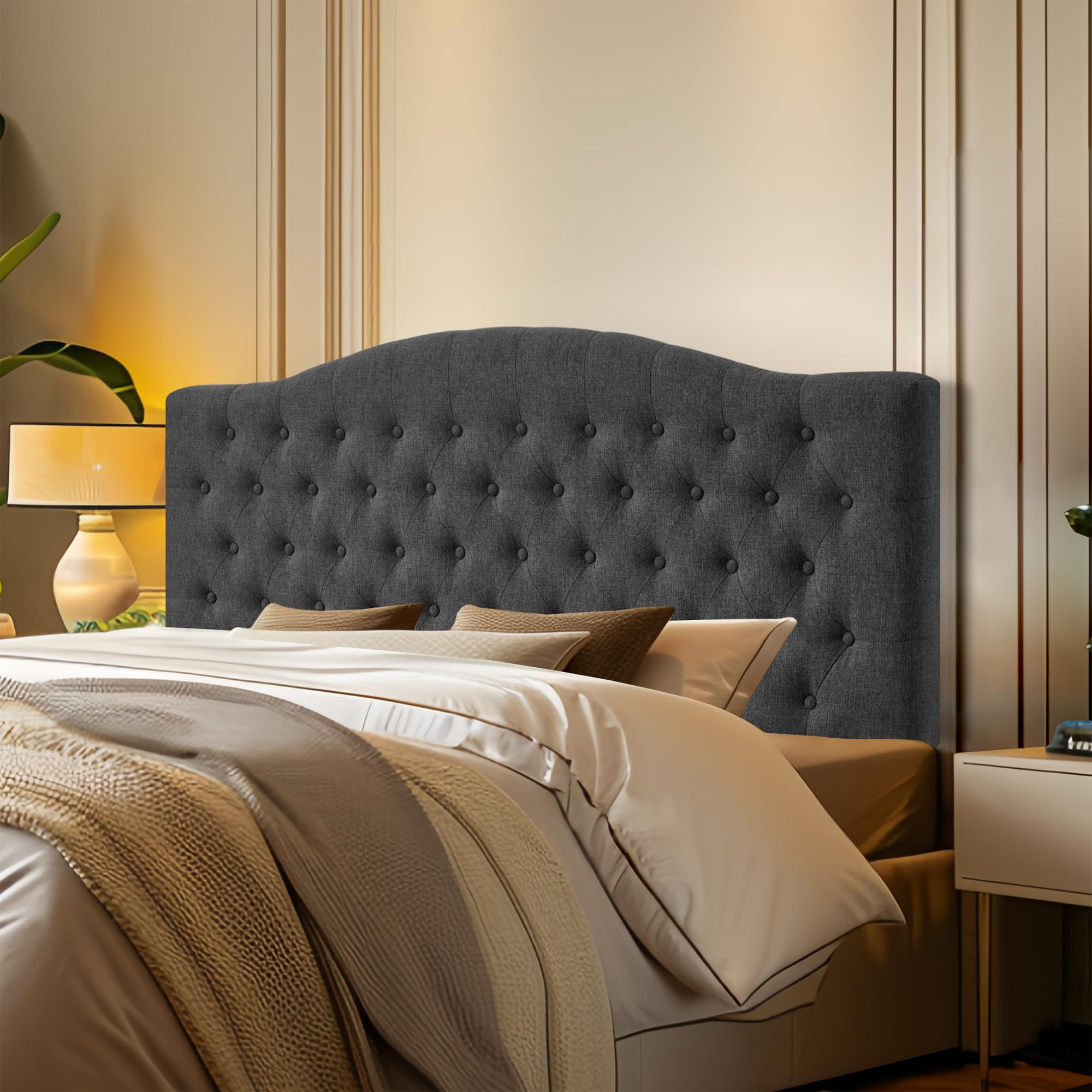 Furpopup Linen Upholstered Headboard Queen/Full Size Bed Tufted Button Headboard, Featuring High-Density Sponge Padding, Luxury Texture Easy Assembly Comfort and Style-Ivory