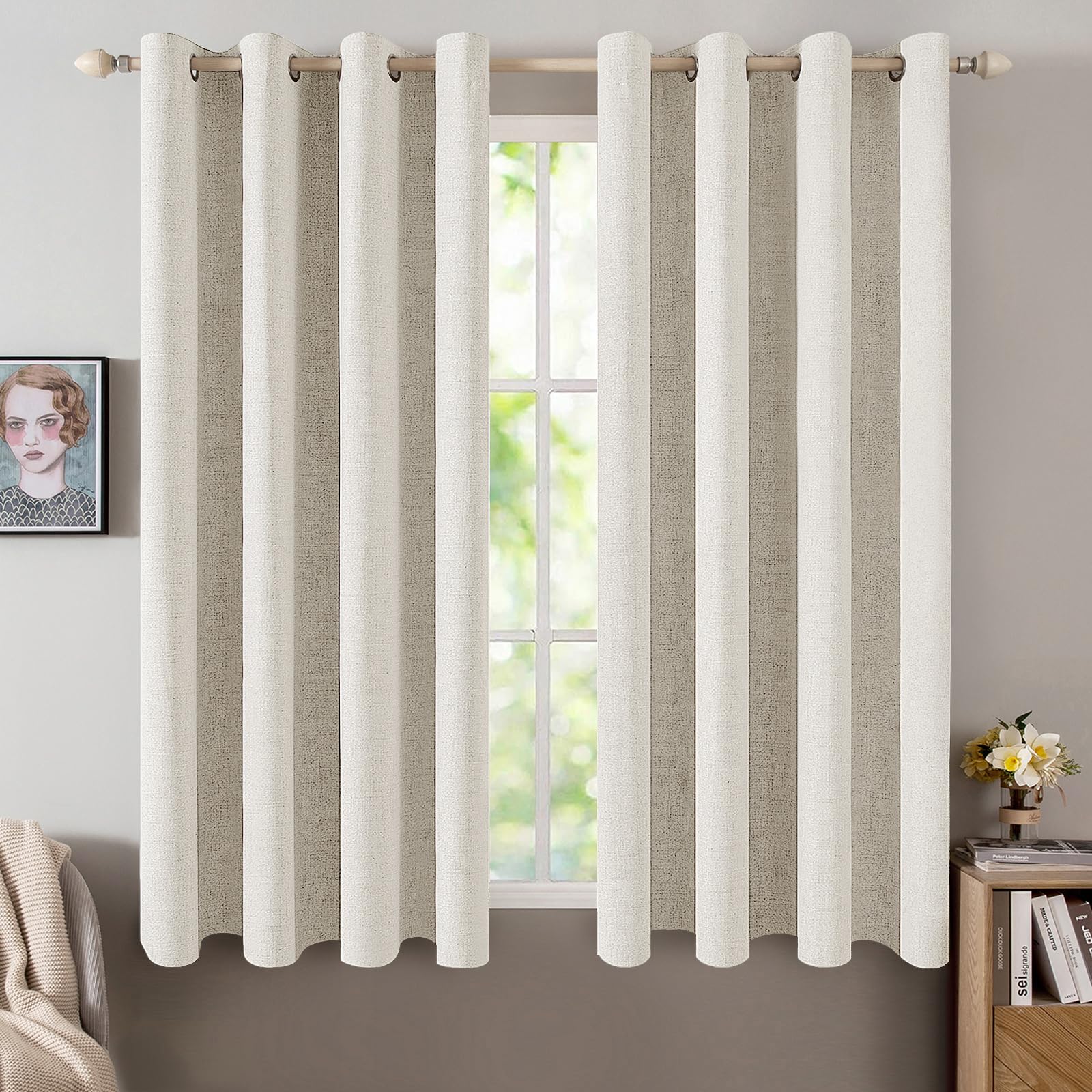 MIULEE 100% Blackout Linen Textured Curtains for Bedroom Solid Thermal Insulated Natural Beige Grommet Room Darkening Curtains & Drapes Luxury Decor for Living Room Nursery 52 x 96 Inch (2 Panels)