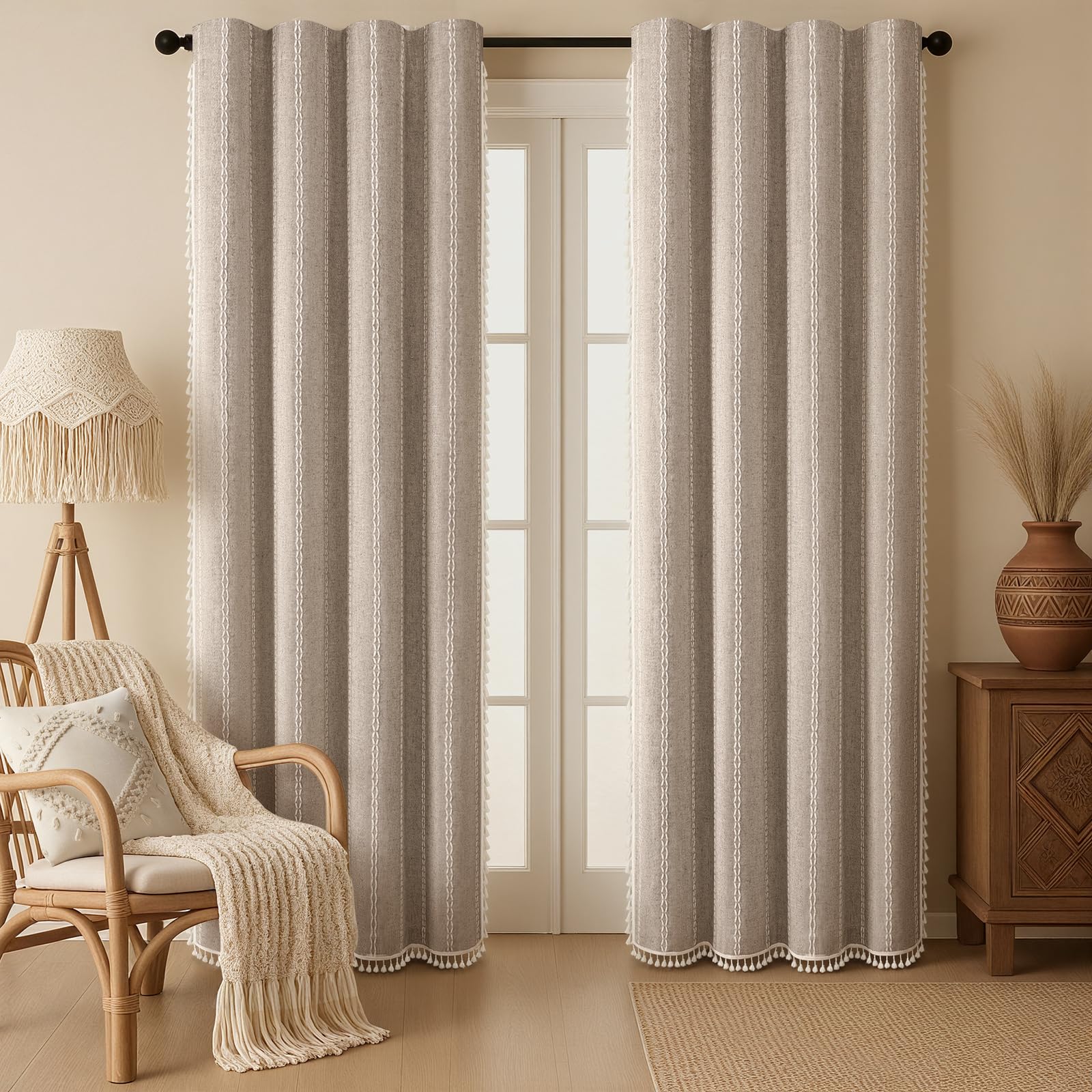 Boho Blackout Curtains 2 Panels 84 Inch for Living Room Bedroom, Beige Linen Texture Farmhouse Curtains with Tassels and Cotton Embroidery Vintage Rustic Western Rod Pocket
