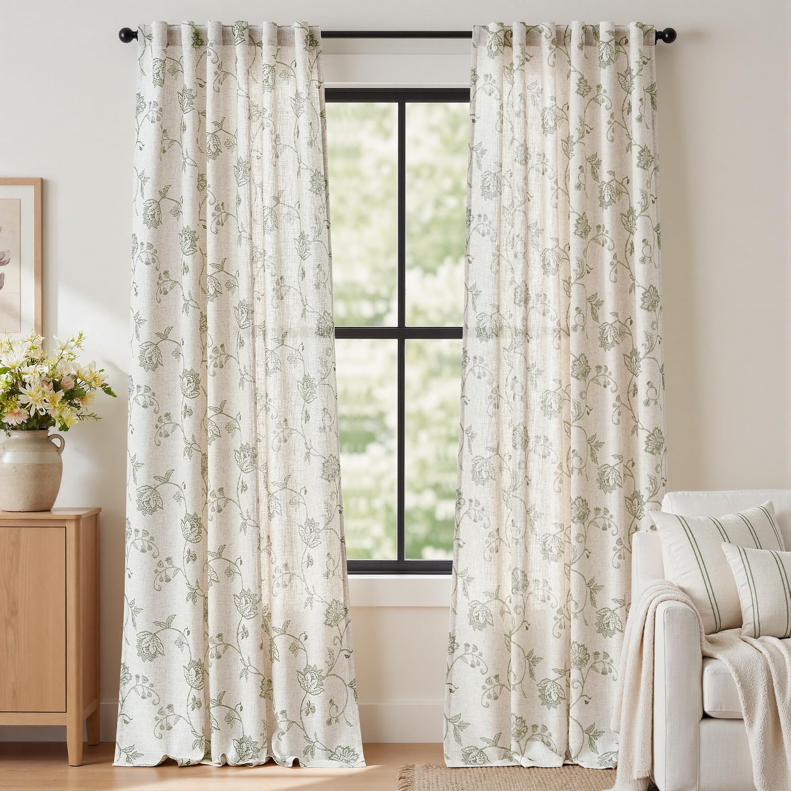 jinchan Linen Floral Curtains for Living Room with Printed Flower 84 Inches Long Light Filtering French Country Back Tab Rod Pocket Taupe Window Curtain Set Farmhouse Drapes 2 Panels Taupe