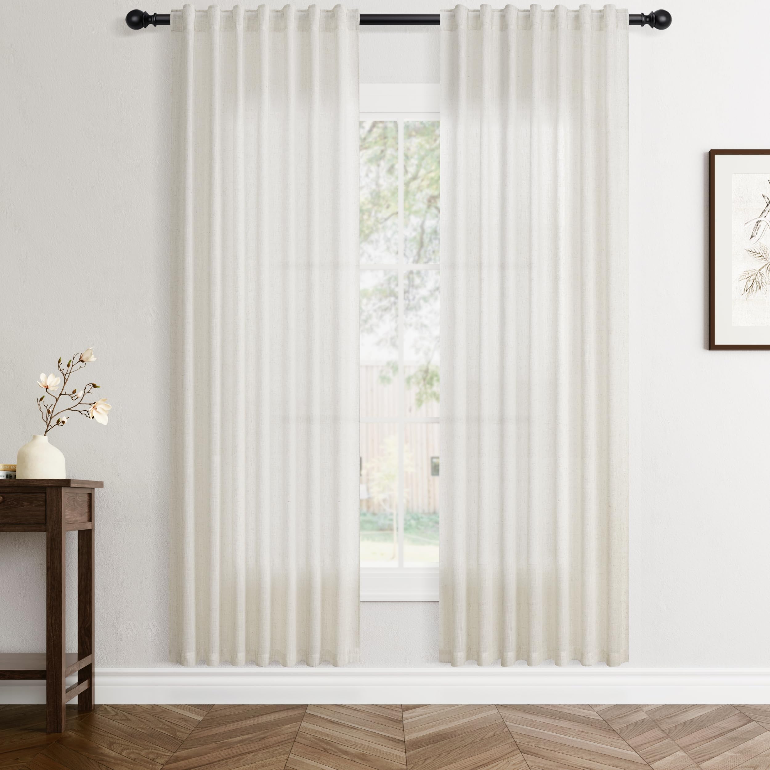 Flax Linen Beige Curtains 96 inches Long 2 Panel for Living Room Back Tab Pocket Drapes Semi Sheer Privacy Khaki Window Curtain Country Rustic Farmhouse Cloth Curtain for Dinning Room Tan