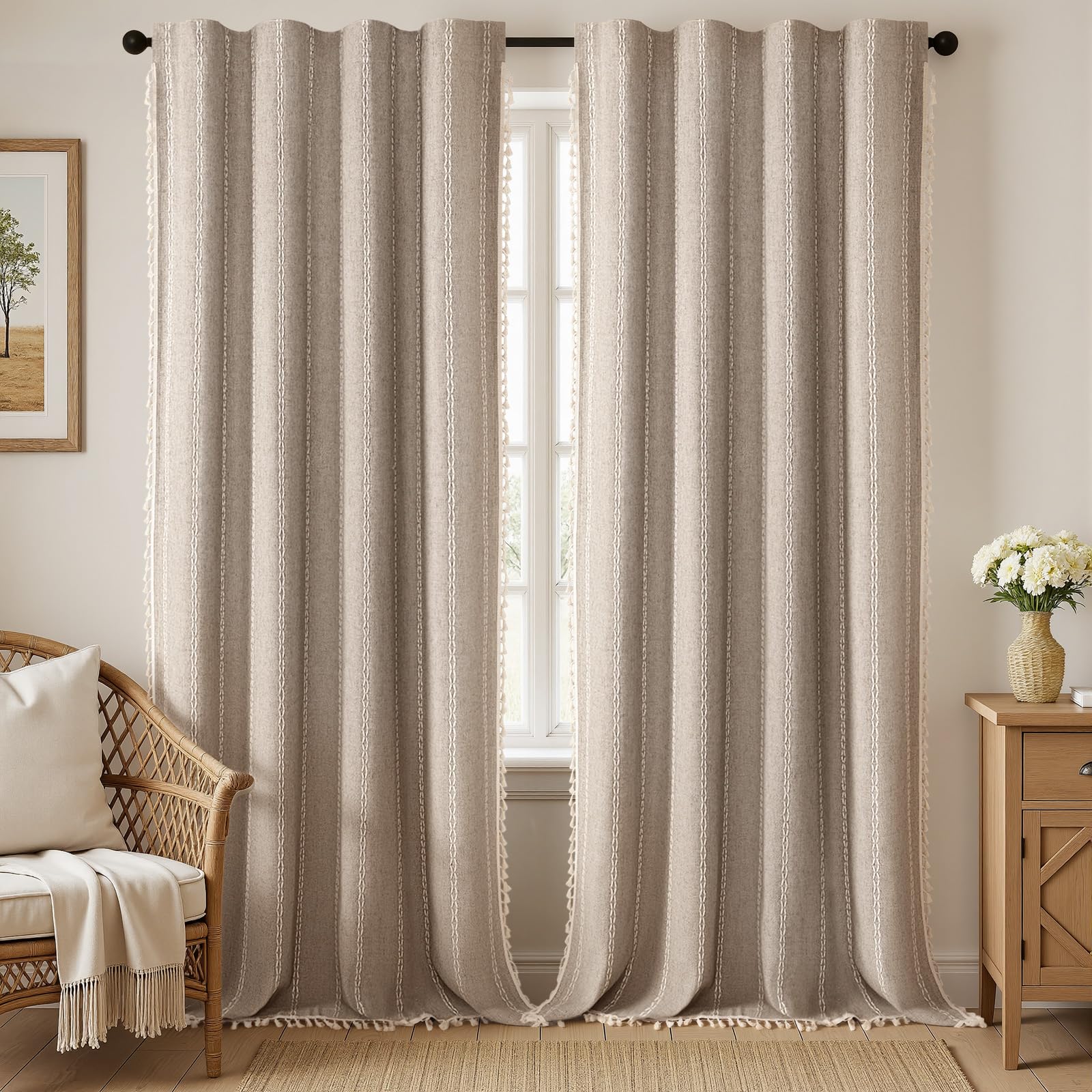 Boho Blackout Curtains 2 Panels 84 Inch for Living Room Bedroom, Beige Linen Texture Farmhouse Curtains with Tassels and Cotton Embroidery Vintage Rustic Western Rod Pocket