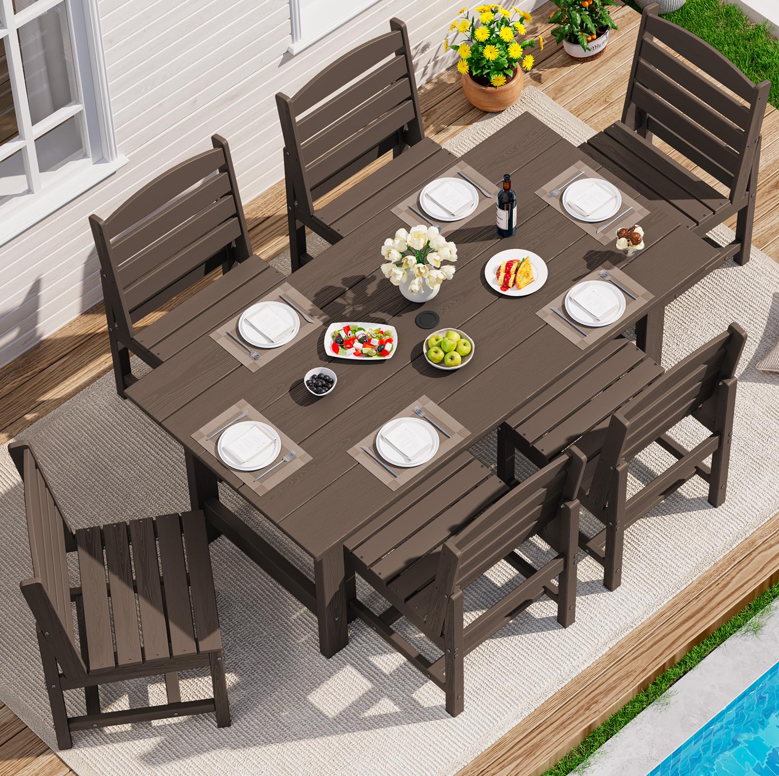 SERWALL 7-Piece Patio Dining Table Sets, Outdoor HDPE Dining Furniture Set with Umbrella Hole Cut-Out Table and 6 Chairs, Blue