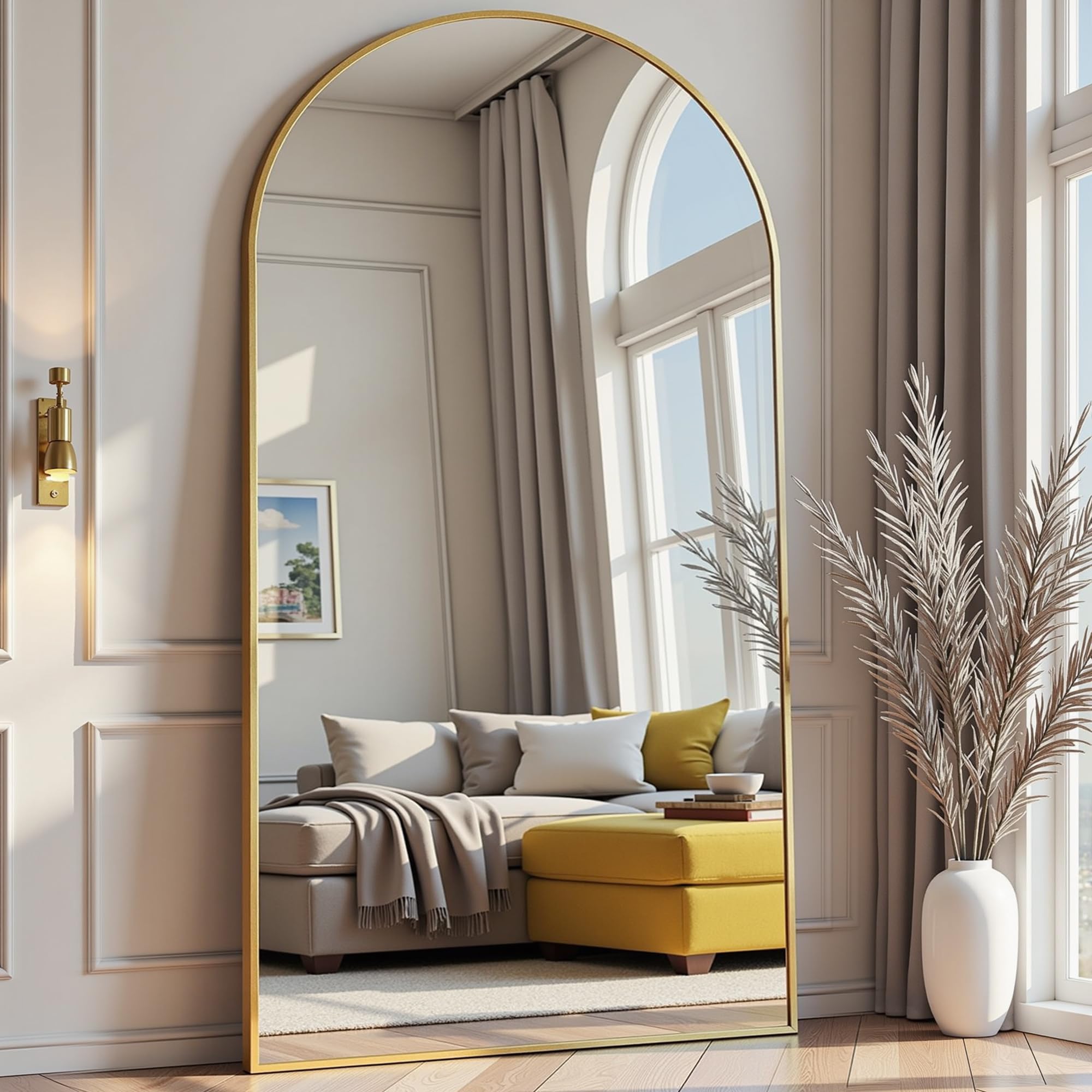 Prywot Arched Full Length Mirror, 70"x26" Free Standing Floor Mirror, Modern Full Body Mirrors with Stand, Wall Mirrors with Aluminum Alloy Frame for Bedroom,Living Room, Gold