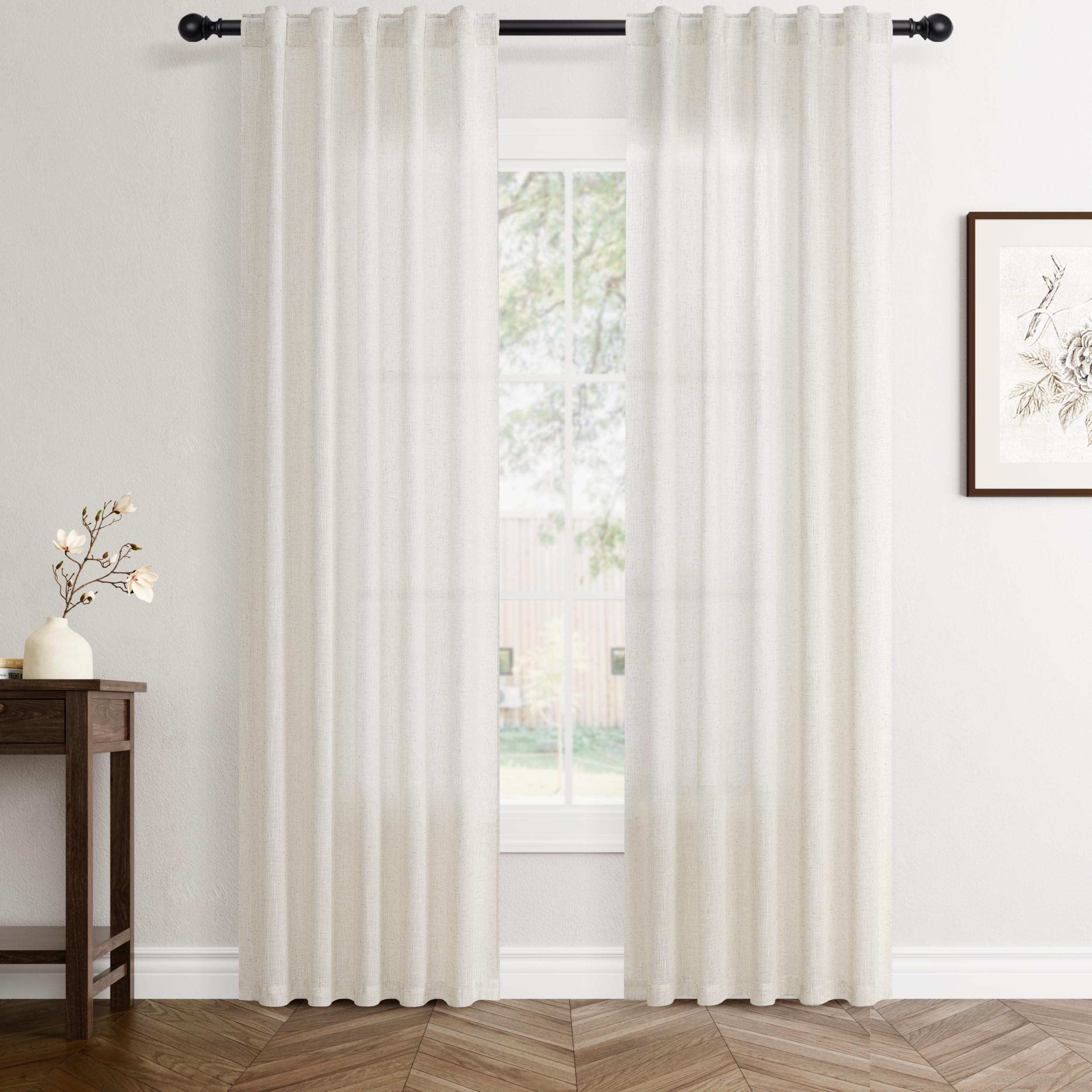 Flax Linen Beige Curtains 96 inches Long 2 Panel for Living Room Back Tab Pocket Drapes Semi Sheer Privacy Khaki Window Curtain Country Rustic Farmhouse Cloth Curtain for Dinning Room Tan