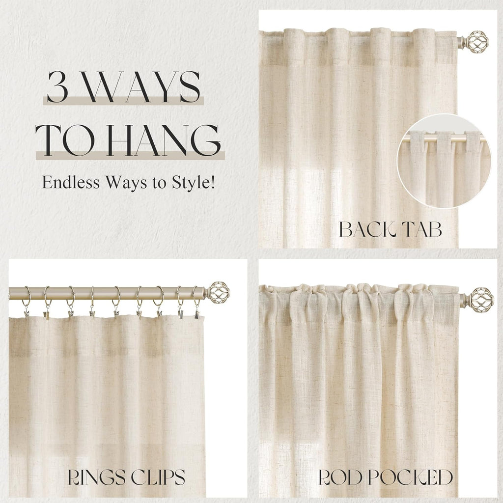 Flax Linen Beige Curtains 96 inches Long 2 Panel for Living Room Back Tab Pocket Drapes Semi Sheer Privacy Khaki Window Curtain Country Rustic Farmhouse Cloth Curtain for Dinning Room Tan