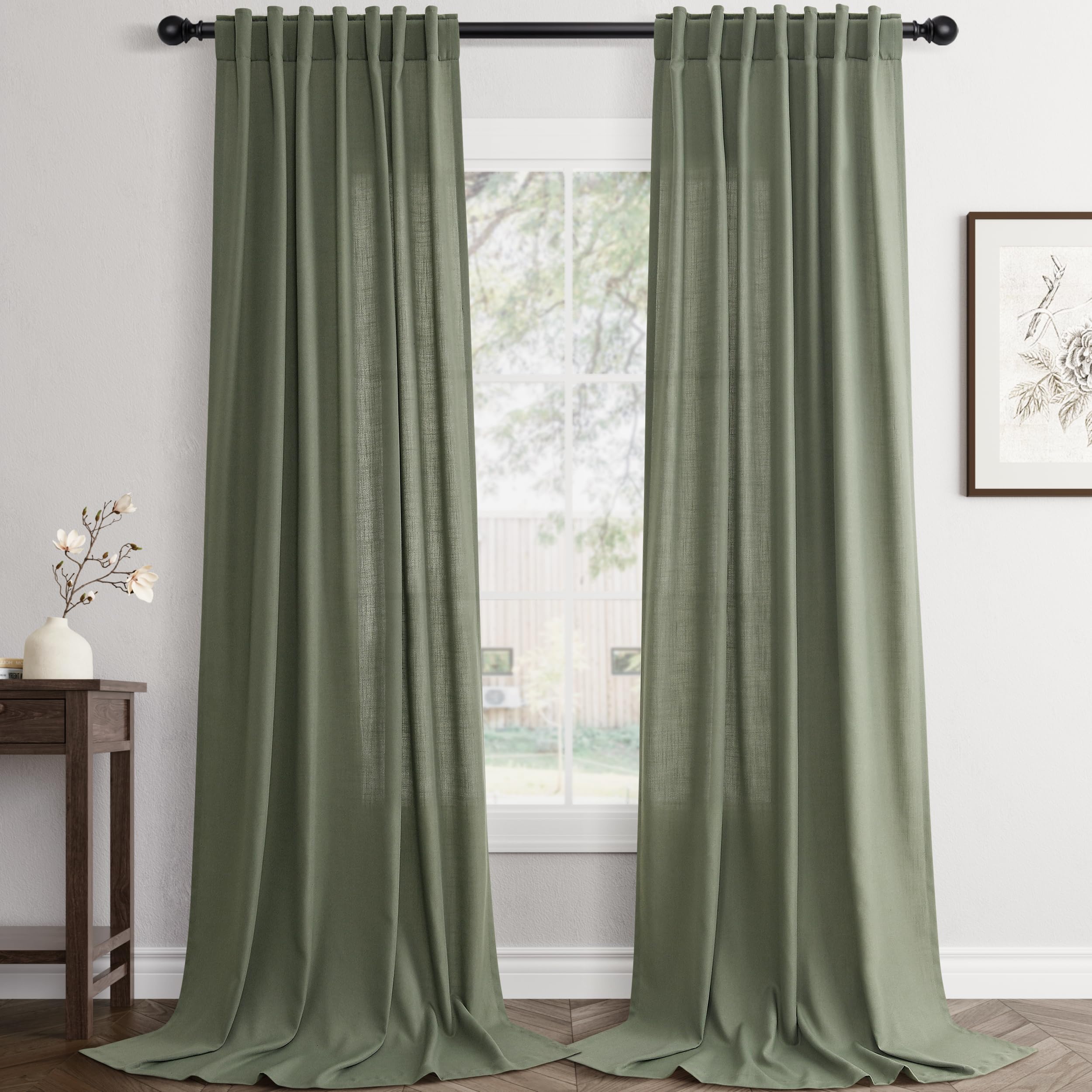Flax Linen Beige Curtains 96 inches Long 2 Panel for Living Room Back Tab Pocket Drapes Semi Sheer Privacy Khaki Window Curtain Country Rustic Farmhouse Cloth Curtain for Dinning Room Tan