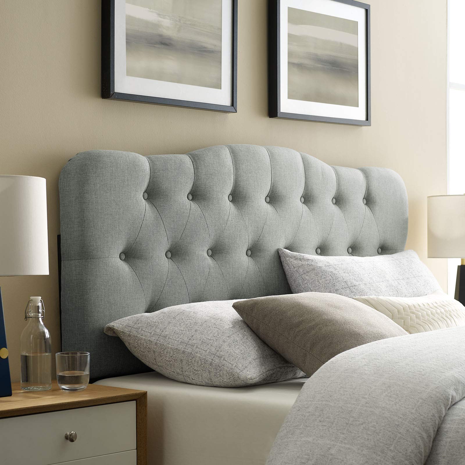 Modway Annabel Tufted Button Linen Fabric Upholstered Queen Headboard in Ivory