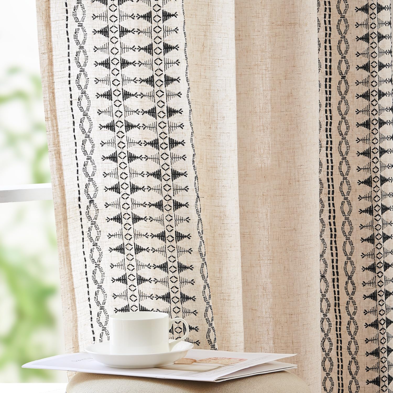 jinchan Weslie Boho Curtains for Bedroom Ivory Vintage Floral Farmhouse Curtains 84 Inches Long Linen Drapes for Living Room Embroidered Light Filtering Drapes Rod Pocket Ivory on Beige 2 Panels
