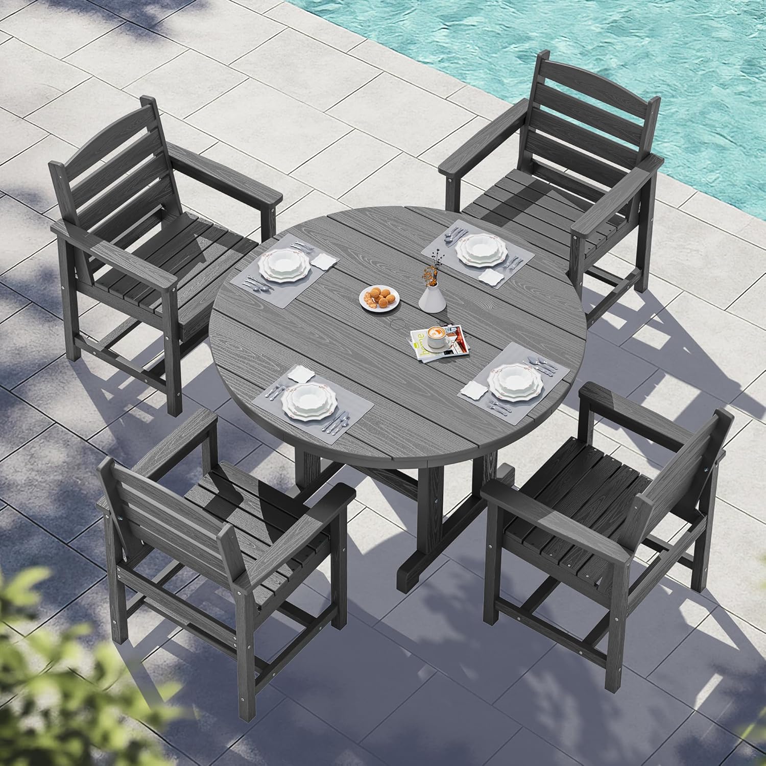 SERWALL 5-Piece Patio Dining Sets, HDPE Outdoor Table and Chairs Furniture Set, 45" Round Dining Table and 4 Dining Chairs, Gray