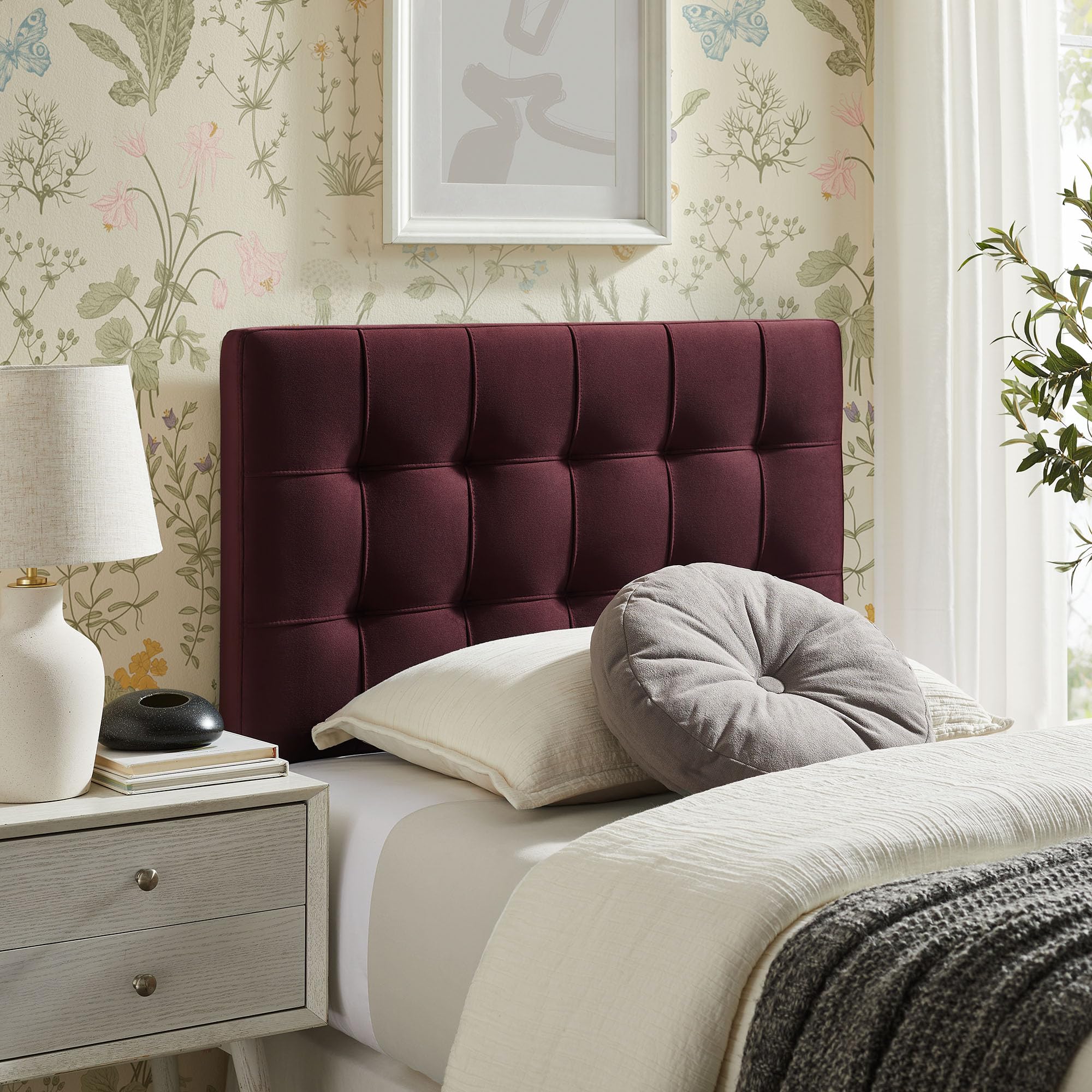 Modway Lily Performance Velvet Full Size Headboard with Biscuit Tufting in Alabaster - Stain-Resistant Upholstery with Padded Design and 5 Height-Adjustable Mounts