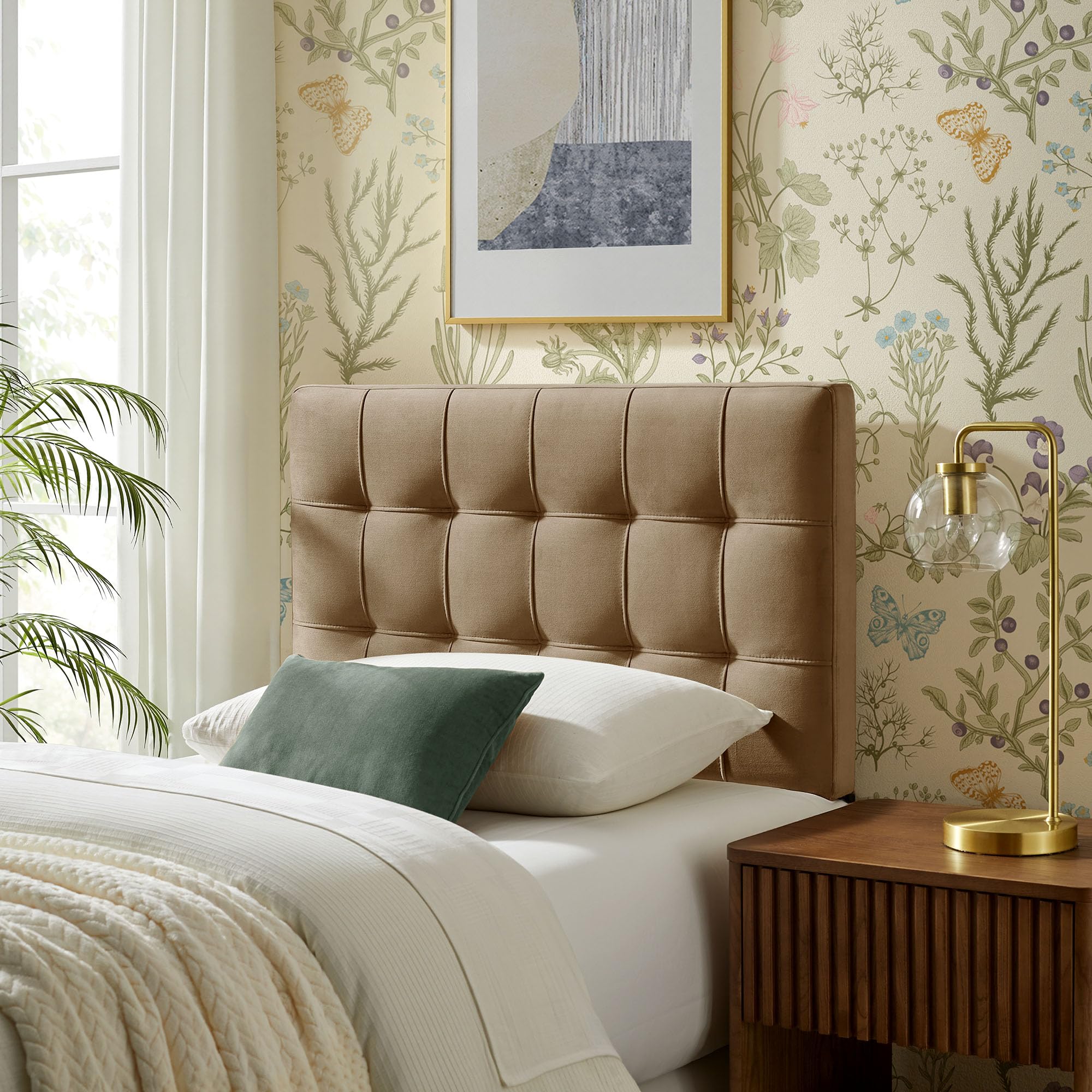 Modway Lily Performance Velvet Full Size Headboard with Biscuit Tufting in Alabaster - Stain-Resistant Upholstery with Padded Design and 5 Height-Adjustable Mounts