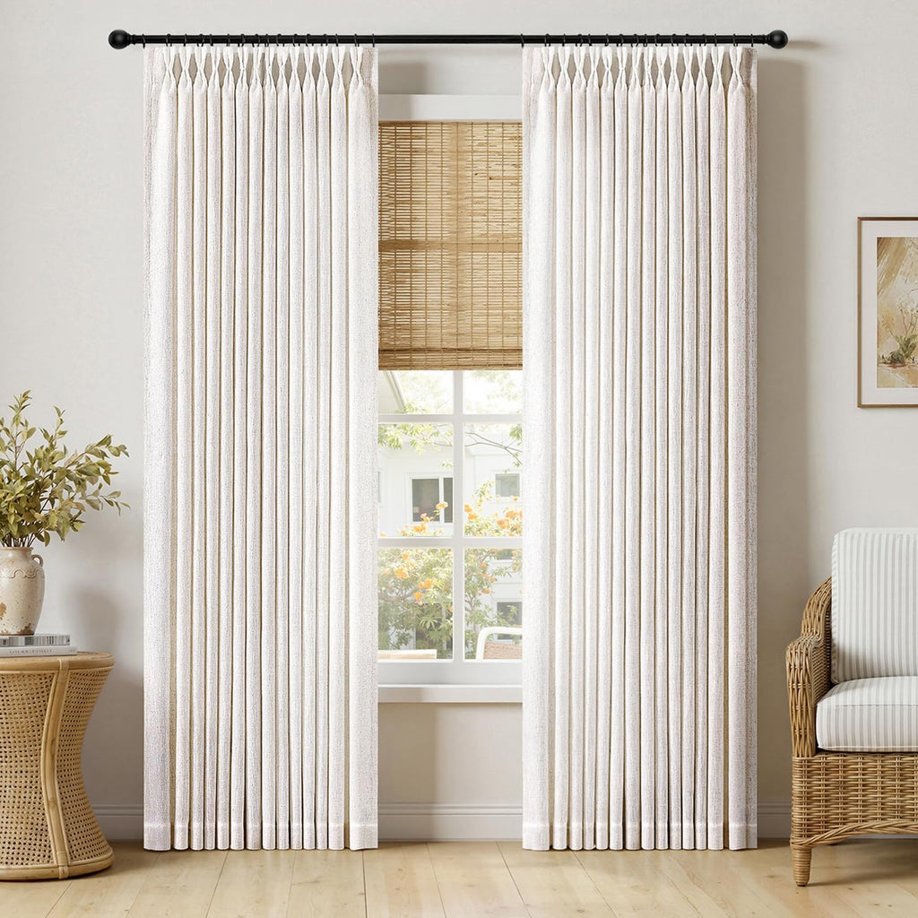 MIULEE Pinch Pleated Thick Linen Curtains 96 Inches Long 2 Panels for Living Room Bedroom, Memory Trained Pleat Drapes Light Filtering Natural Birch Semi Sheer Window Curtains Hooks Rings Back Tab