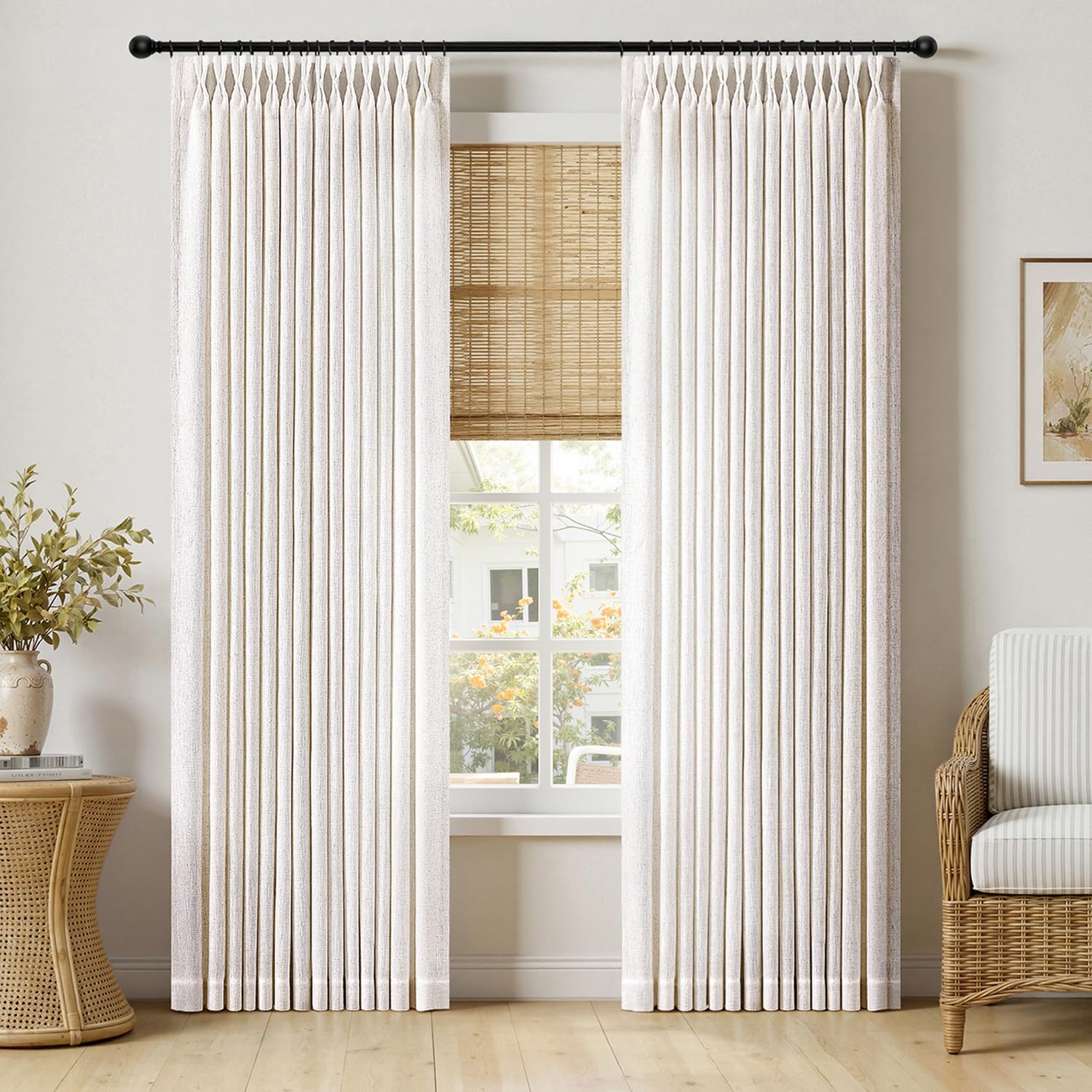 MIULEE Pinch Pleated Thick Linen Curtains 96 Inches Long 2 Panels for Living Room Bedroom, Memory Trained Pleat Drapes Light Filtering Natural Birch Semi Sheer Window Curtains Hooks Rings Back Tab