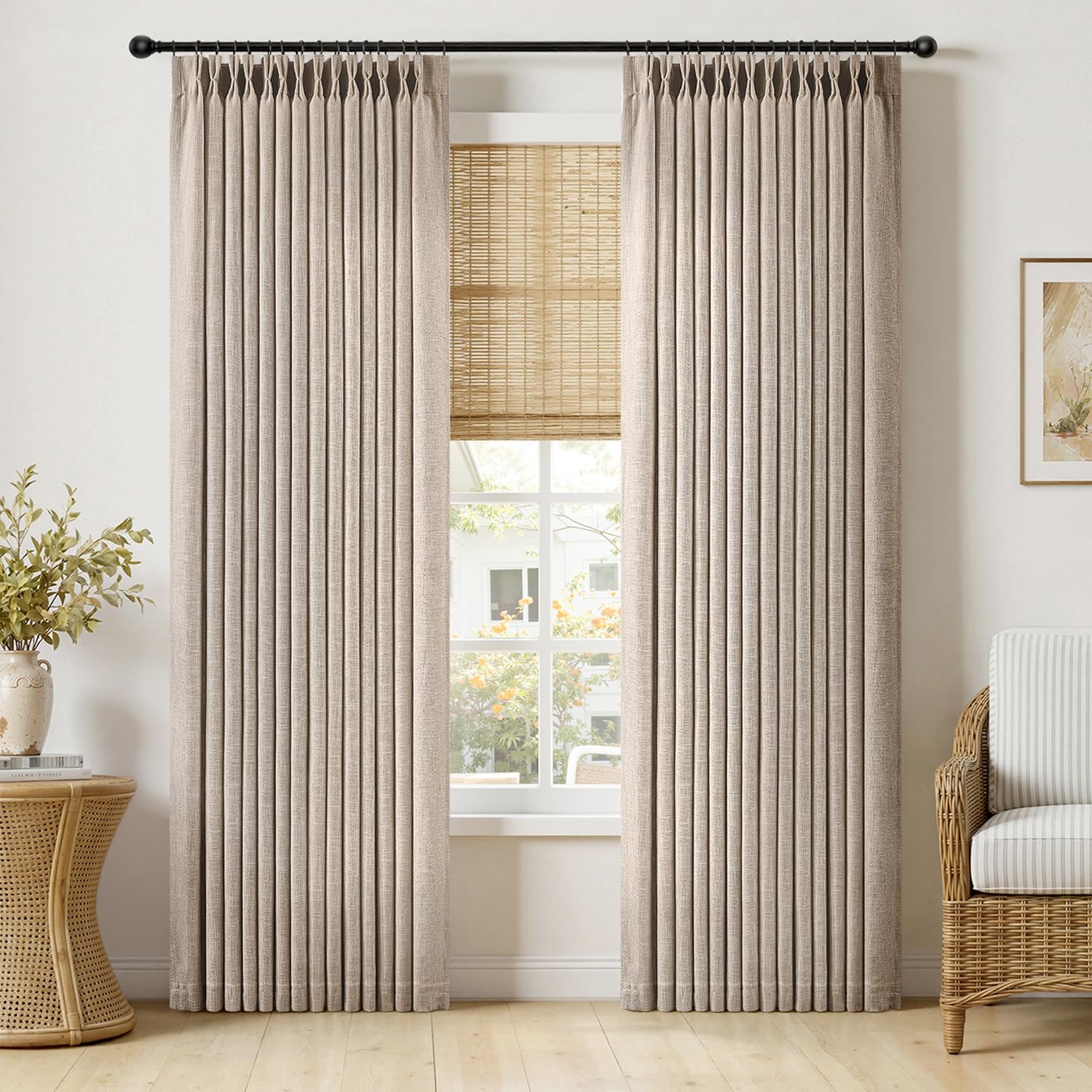 MIULEE Pinch Pleated Thick Linen Curtains 96 Inches Long 2 Panels for Living Room Bedroom, Memory Trained Pleat Drapes Light Filtering Natural Birch Semi Sheer Window Curtains Hooks Rings Back Tab