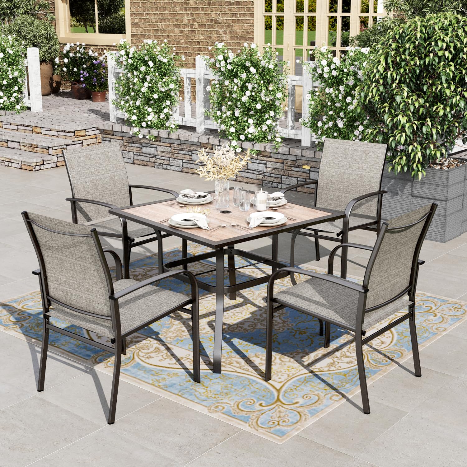 HERA'S HOUSE Patio Table and Chairs for 6, 7 Pieces Outdoor Deck Dining Sets, Wood-Like Rectangular Metal Table Set with Chairs for Lawn Garden Backyard, Brown