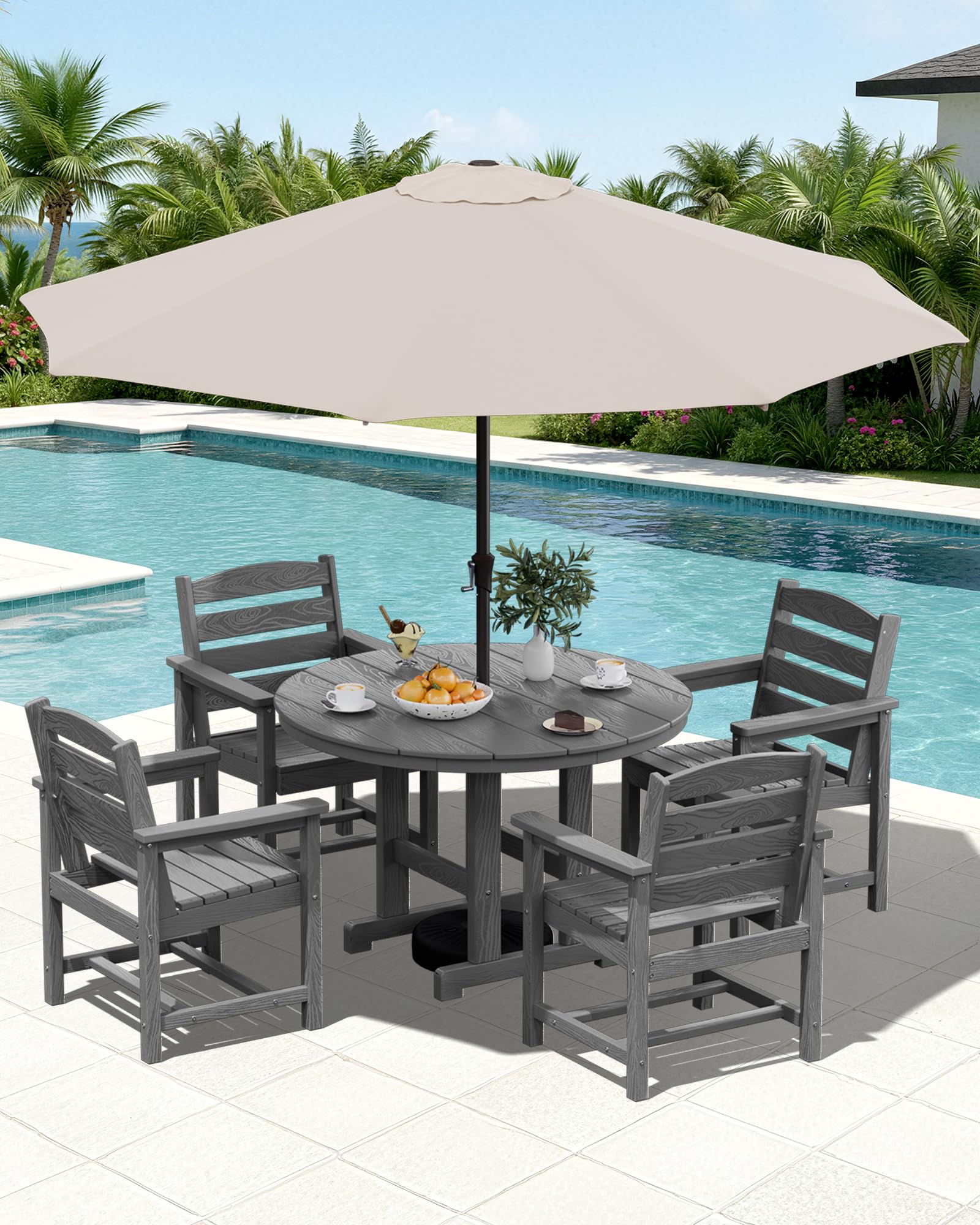 SERWALL 5-Piece Patio Dining Sets, HDPE Outdoor Table and Chairs Furniture Set, 45" Round Dining Table and 4 Dining Chairs, Gray