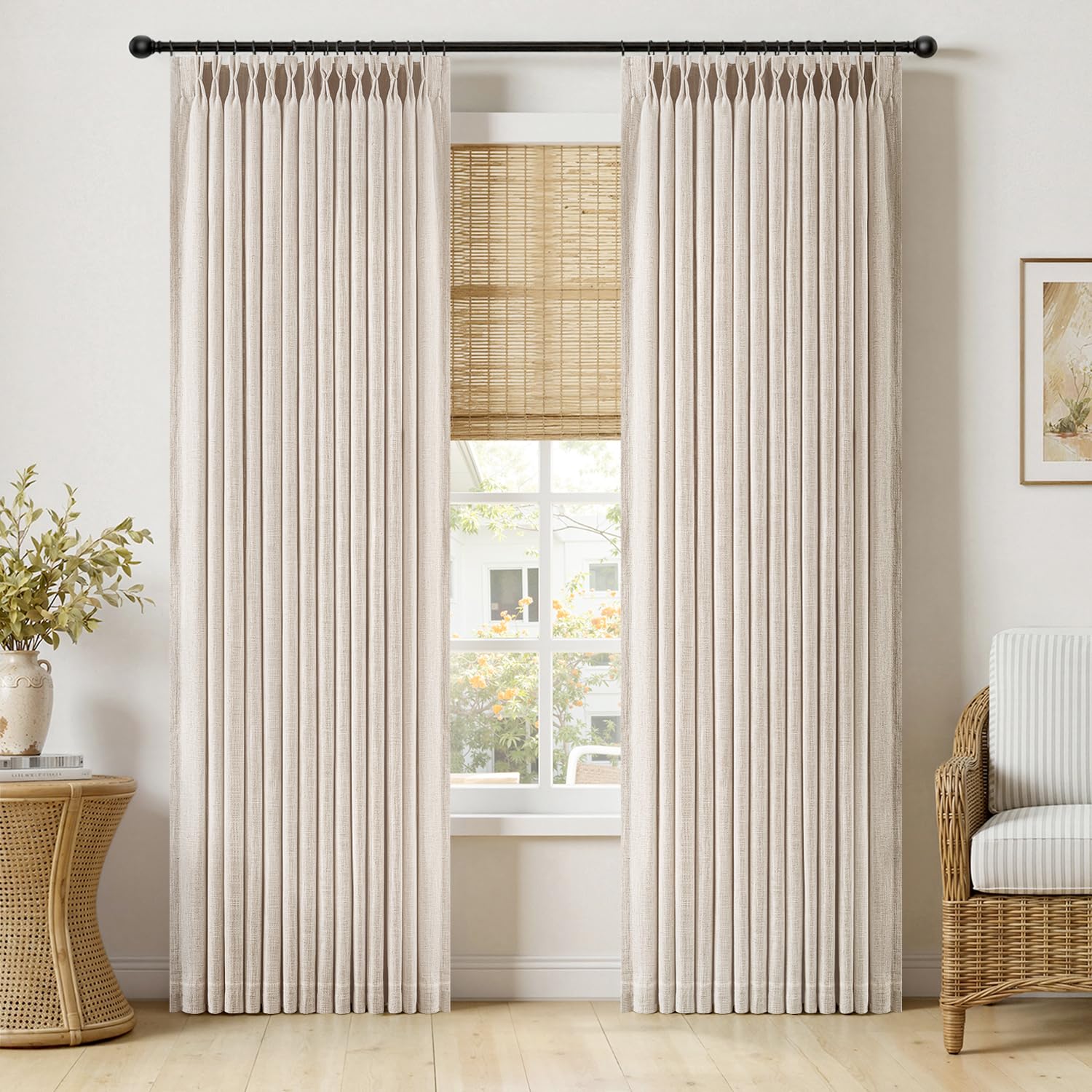 MIULEE Pinch Pleated Thick Linen Curtains 96 Inches Long 2 Panels for Living Room Bedroom, Memory Trained Pleat Drapes Light Filtering Natural Birch Semi Sheer Window Curtains Hooks Rings Back Tab