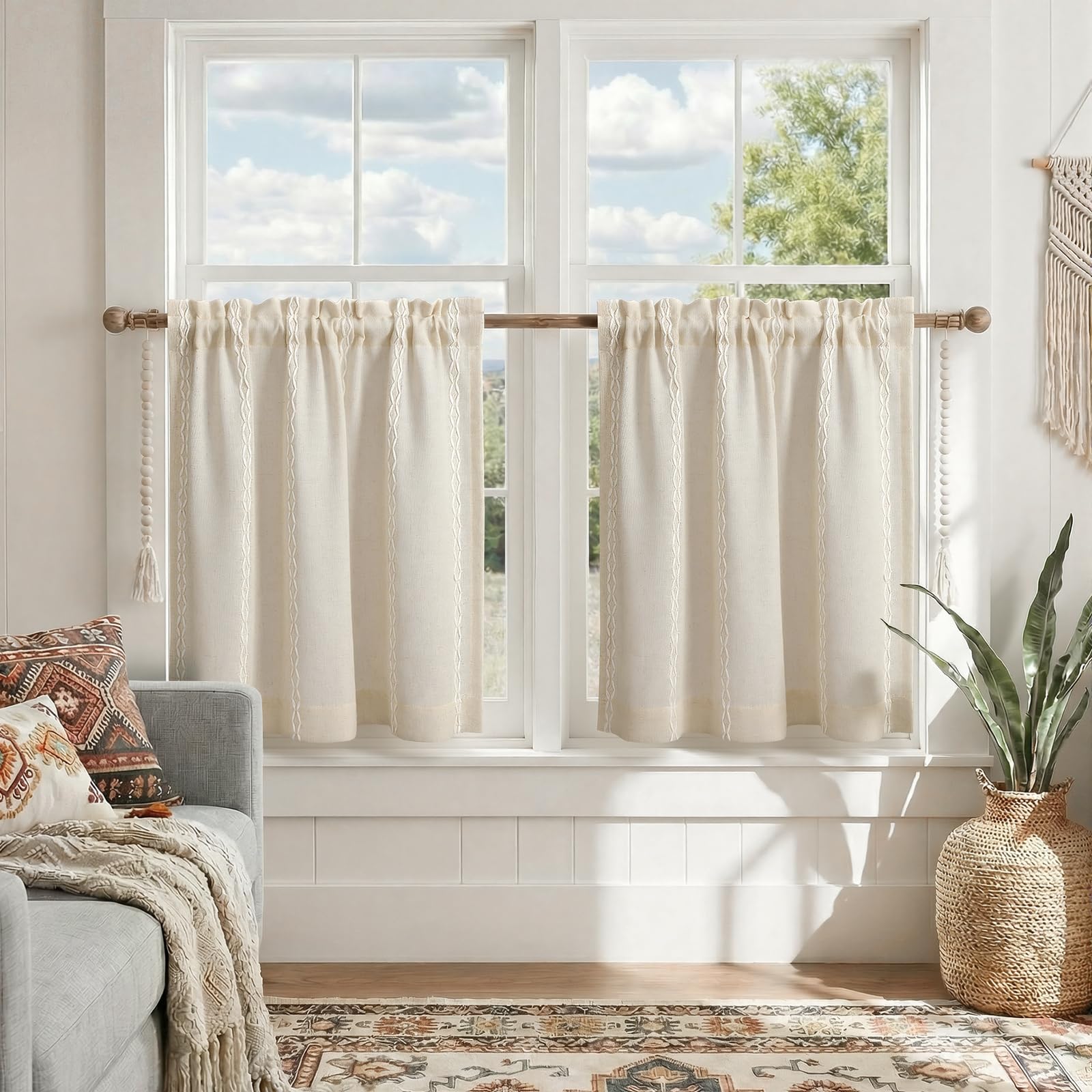 Boho Blackout Curtains 2 Panels 84 Inch for Living Room Bedroom, Beige Linen Texture Farmhouse Curtains with Tassels and Cotton Embroidery Vintage Rustic Western Rod Pocket