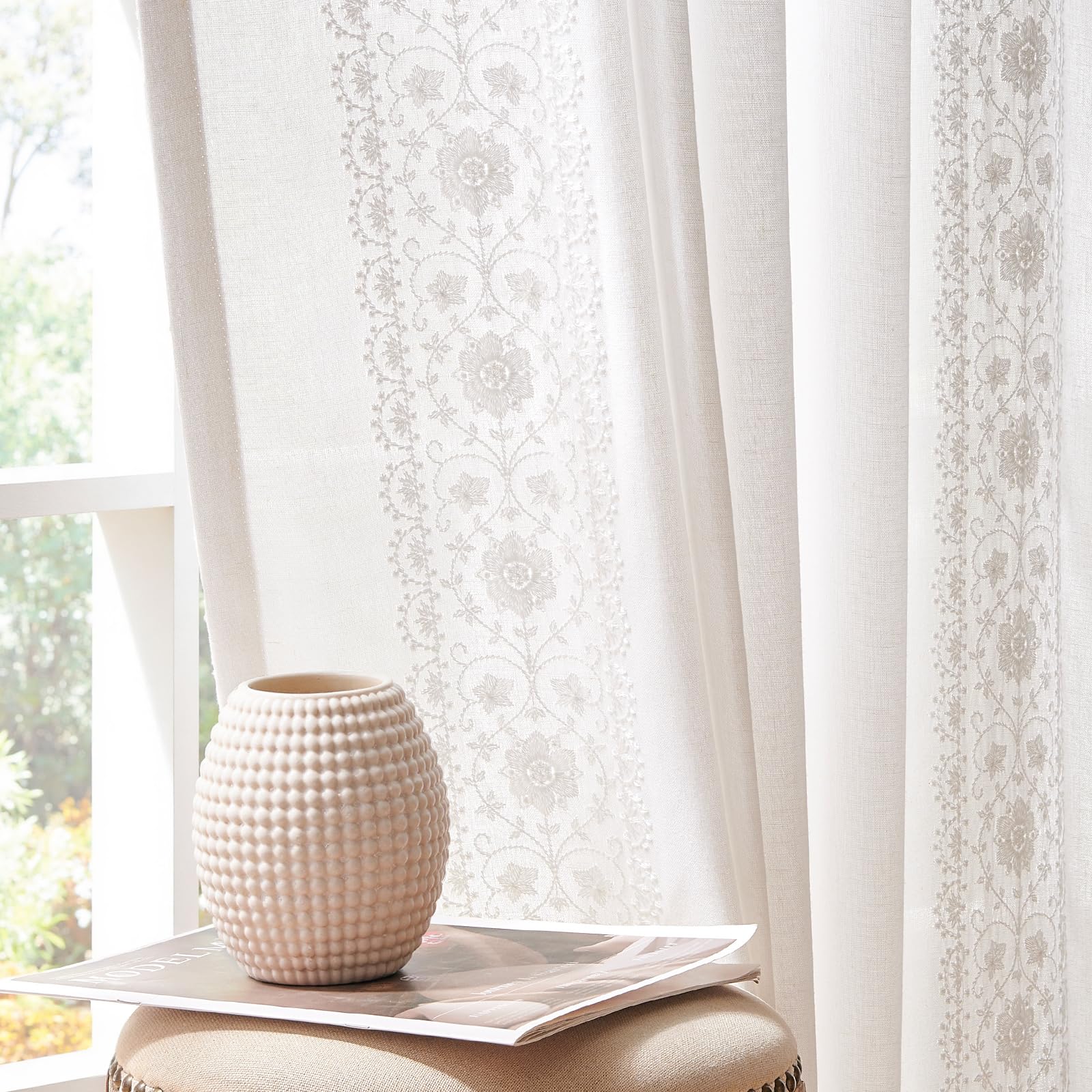jinchan Weslie Boho Curtains for Bedroom Ivory Vintage Floral Farmhouse Curtains 84 Inches Long Linen Drapes for Living Room Embroidered Light Filtering Drapes Rod Pocket Ivory on Beige 2 Panels