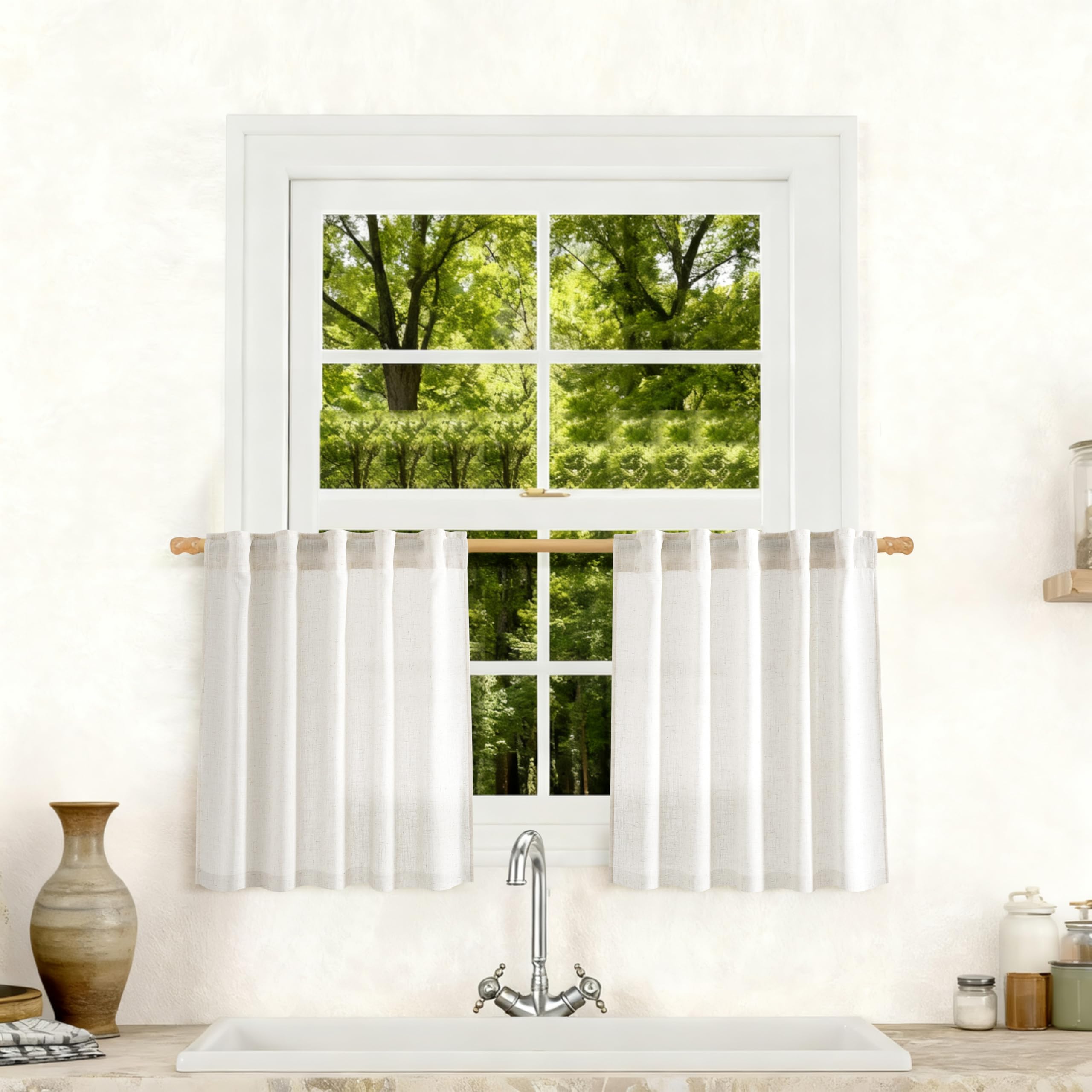 Flax Linen Beige Curtains 96 inches Long 2 Panel for Living Room Back Tab Pocket Drapes Semi Sheer Privacy Khaki Window Curtain Country Rustic Farmhouse Cloth Curtain for Dinning Room Tan