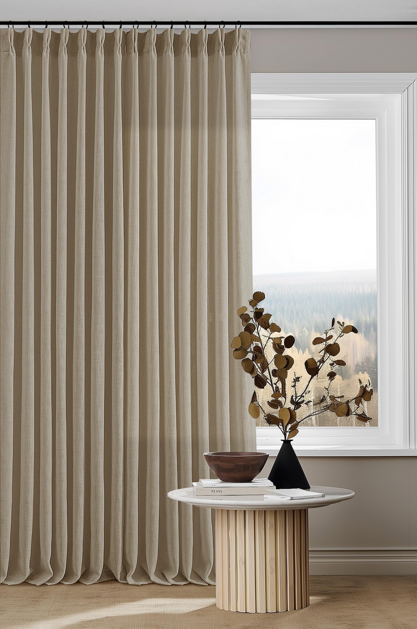 Pinch Pleated Linen Curtains 108 Inches Long for Living Room 2 Panels Set Cream Ivory Flax Double Pleated Drapes Back Tab Neutral Boho Ceiling Floor 108 Inch Window Curtains Bedroom Natural Birch