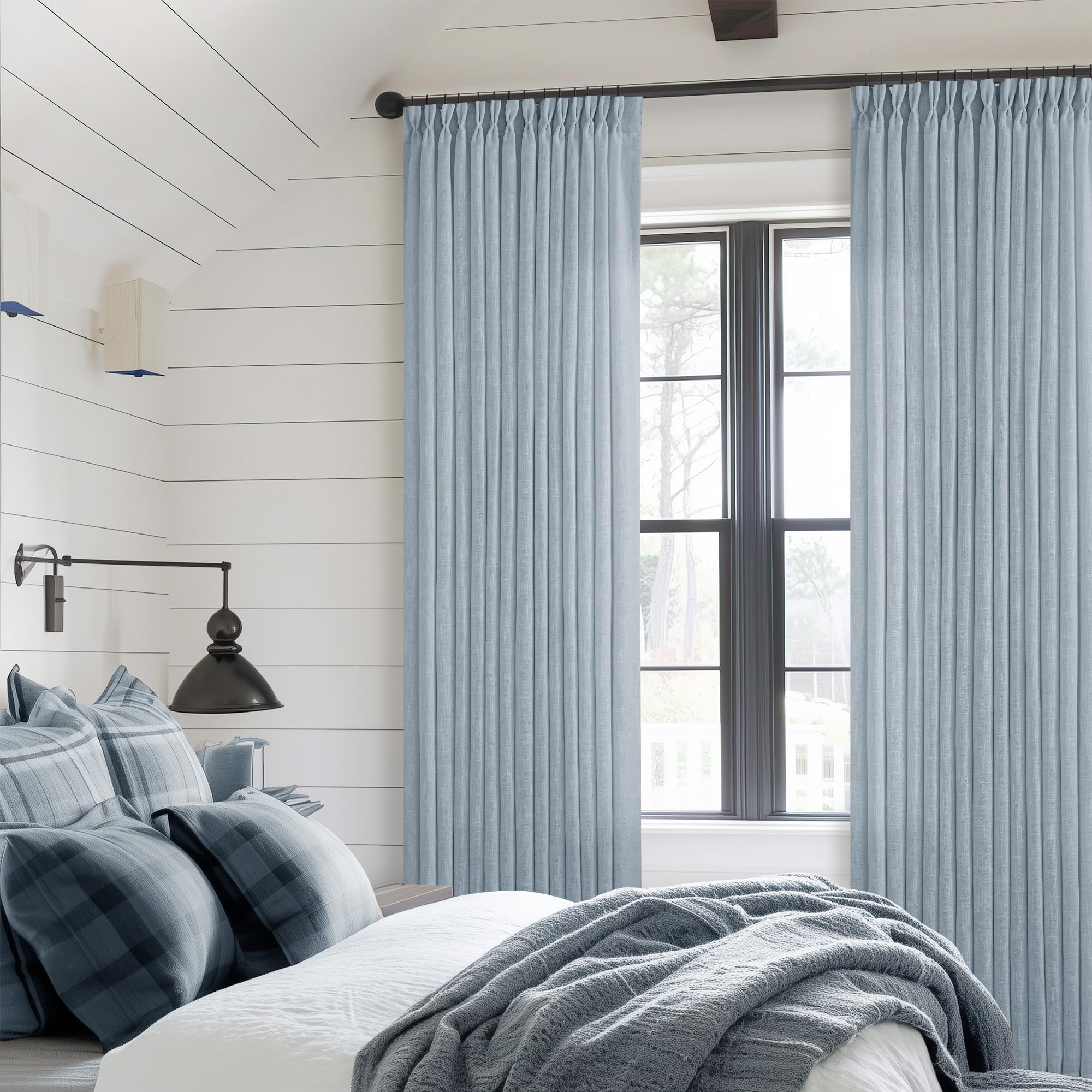 Pinch Pleated Linen Curtains 108 Inches Long for Living Room 2 Panels Set Cream Ivory Flax Double Pleated Drapes Back Tab Neutral Boho Ceiling Floor 108 Inch Window Curtains Bedroom Natural Birch