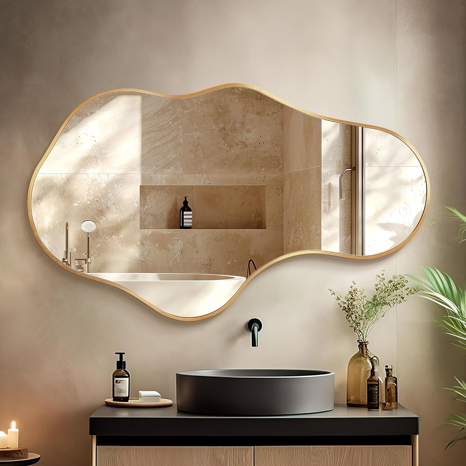 Dorlicecass 22"×36" Gold Aluminum Framed Irregular Asymmetrical Decor Wall Mirror for Bathroom Bedroom Entryway