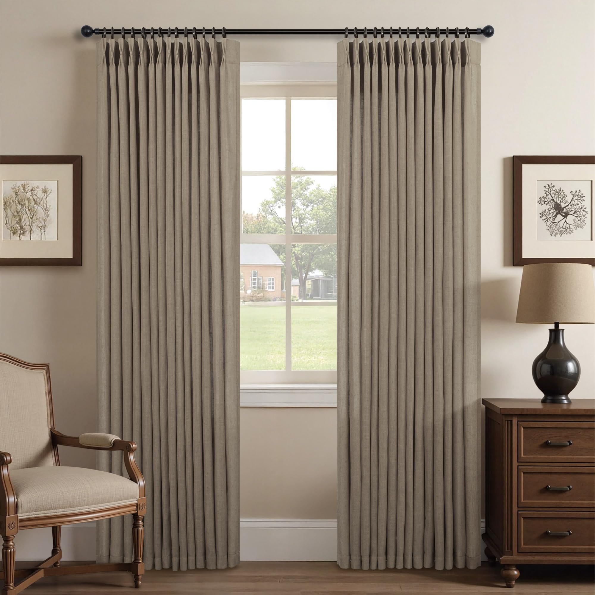 Natural Pinch Pleated Linen Cream Curtains 84 Inch Length 2 Panels for Living Room Bedroom Ivory Semi Sheer Light Filtering Modern Farmhouse Boho Neutral Rustic Long Drapes Back Tab Pleat Hooks Rings