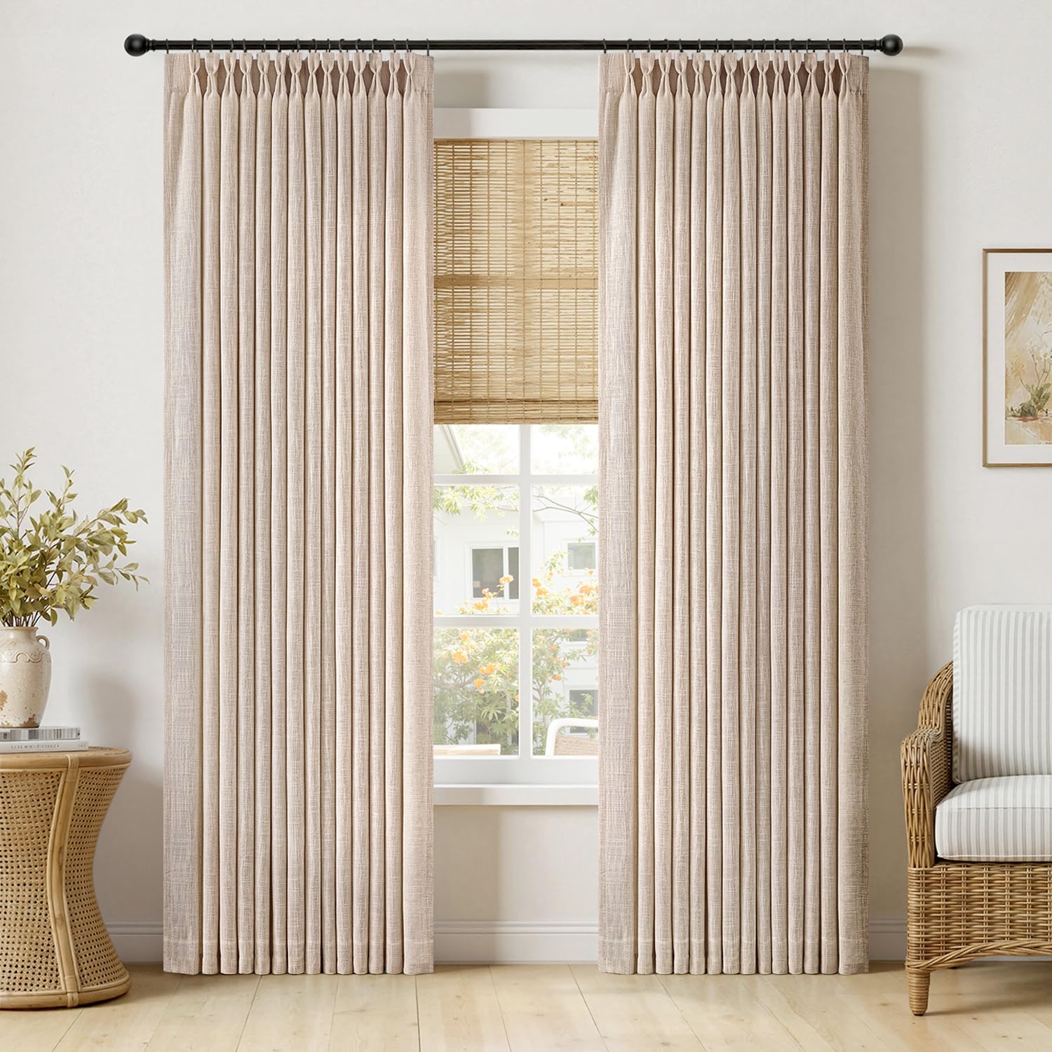 MIULEE Pinch Pleated Thick Linen Curtains 96 Inches Long 2 Panels for Living Room Bedroom, Memory Trained Pleat Drapes Light Filtering Natural Birch Semi Sheer Window Curtains Hooks Rings Back Tab
