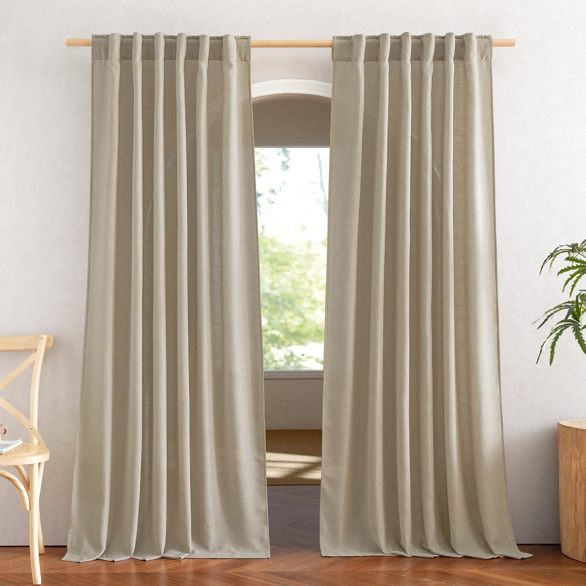 NICETOWN 120 inch Curtains Linen Blend for Bedroom, Rod Pocket & Back Tab Natural Linen Burlap Semi Sheer Window Treatments Privacy with Light Filtering for Living Room, W52 x L120, 2 Panels
