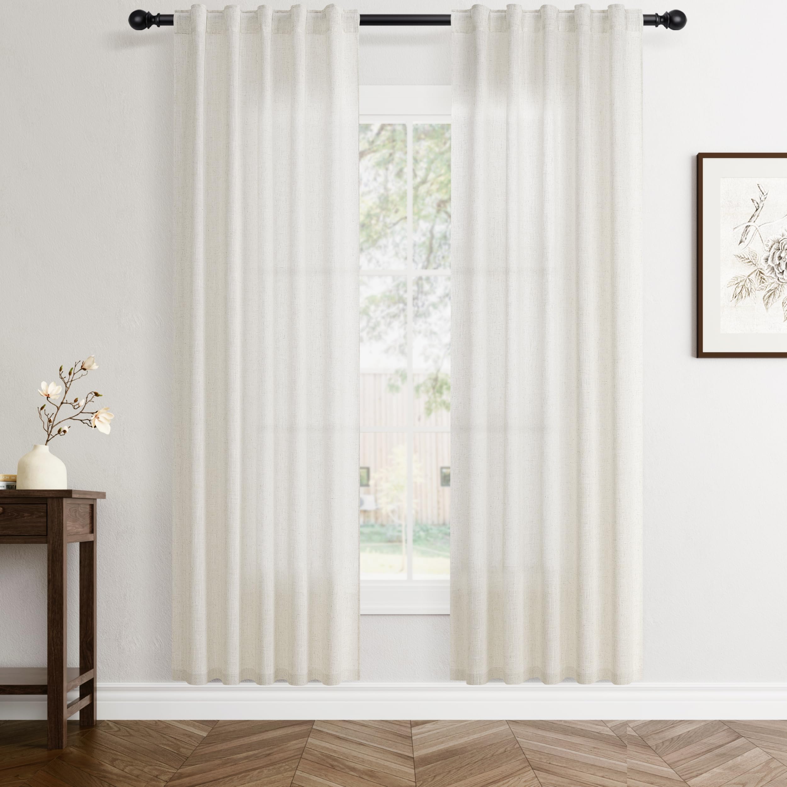 Flax Linen Beige Curtains 96 inches Long 2 Panel for Living Room Back Tab Pocket Drapes Semi Sheer Privacy Khaki Window Curtain Country Rustic Farmhouse Cloth Curtain for Dinning Room Tan