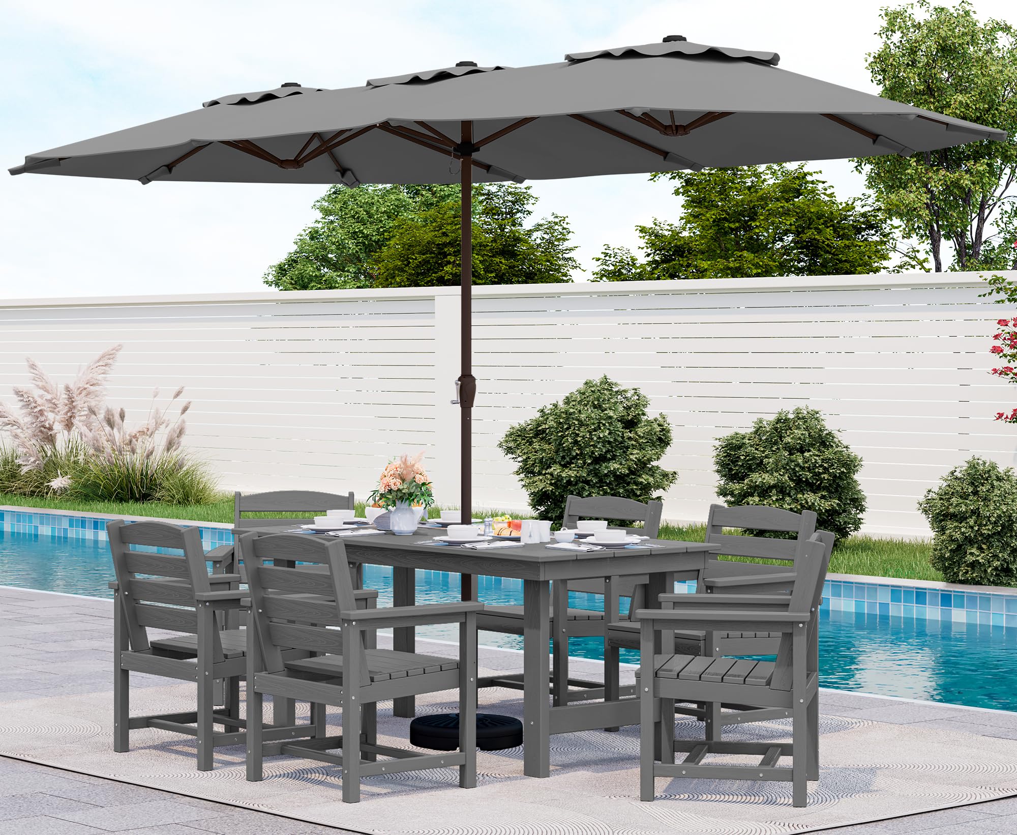 SERWALL 7-Piece Patio Dining Table Sets, Outdoor HDPE Dining Furniture Set with Umbrella Hole Cut-Out Table and 6 Chairs, Blue