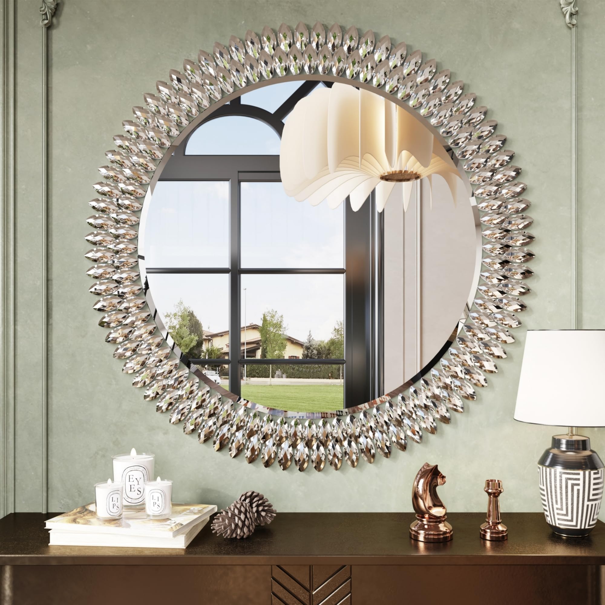 Kelly Miller Round Jeweled Mirror for Wall Decor, 26 in Modern Decorative Wall Mirror with Luxury Diamonds Beveled Vanity Mirror for Bedroom Dresser, Living Room Table, Bathroom, Hallway, Entryway