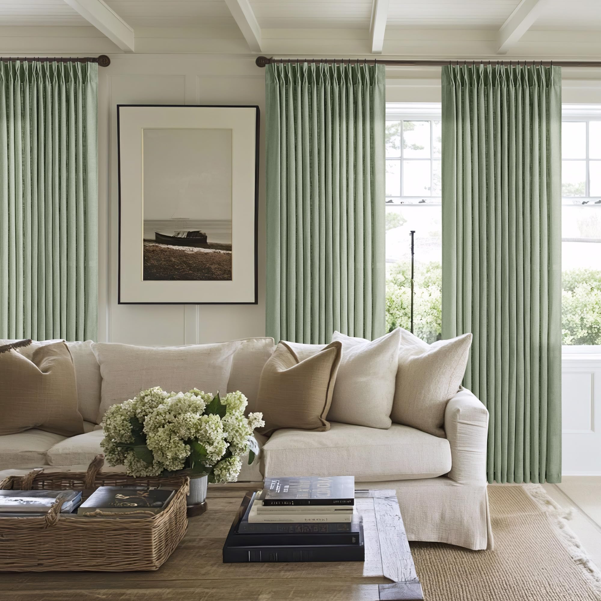 Pinch Pleated Linen Curtains 108 Inches Long for Living Room 2 Panels Set Cream Ivory Flax Double Pleated Drapes Back Tab Neutral Boho Ceiling Floor 108 Inch Window Curtains Bedroom Natural Birch