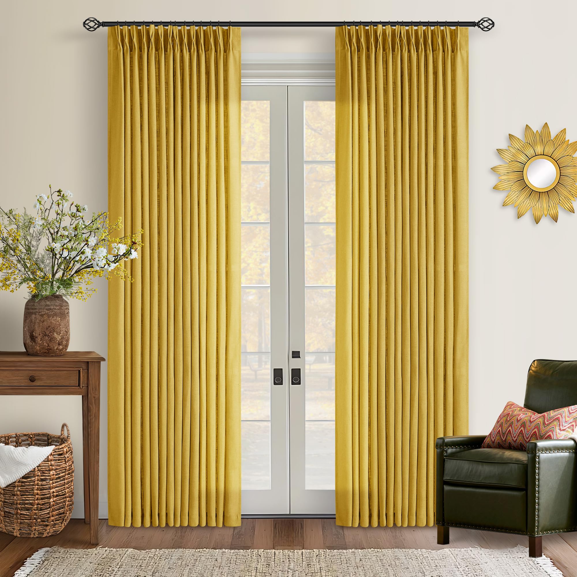 Pinch Pleated Linen Curtains 108 Inches Long for Living Room 2 Panels Set Cream Ivory Flax Double Pleated Drapes Back Tab Neutral Boho Ceiling Floor 108 Inch Window Curtains Bedroom Natural Birch