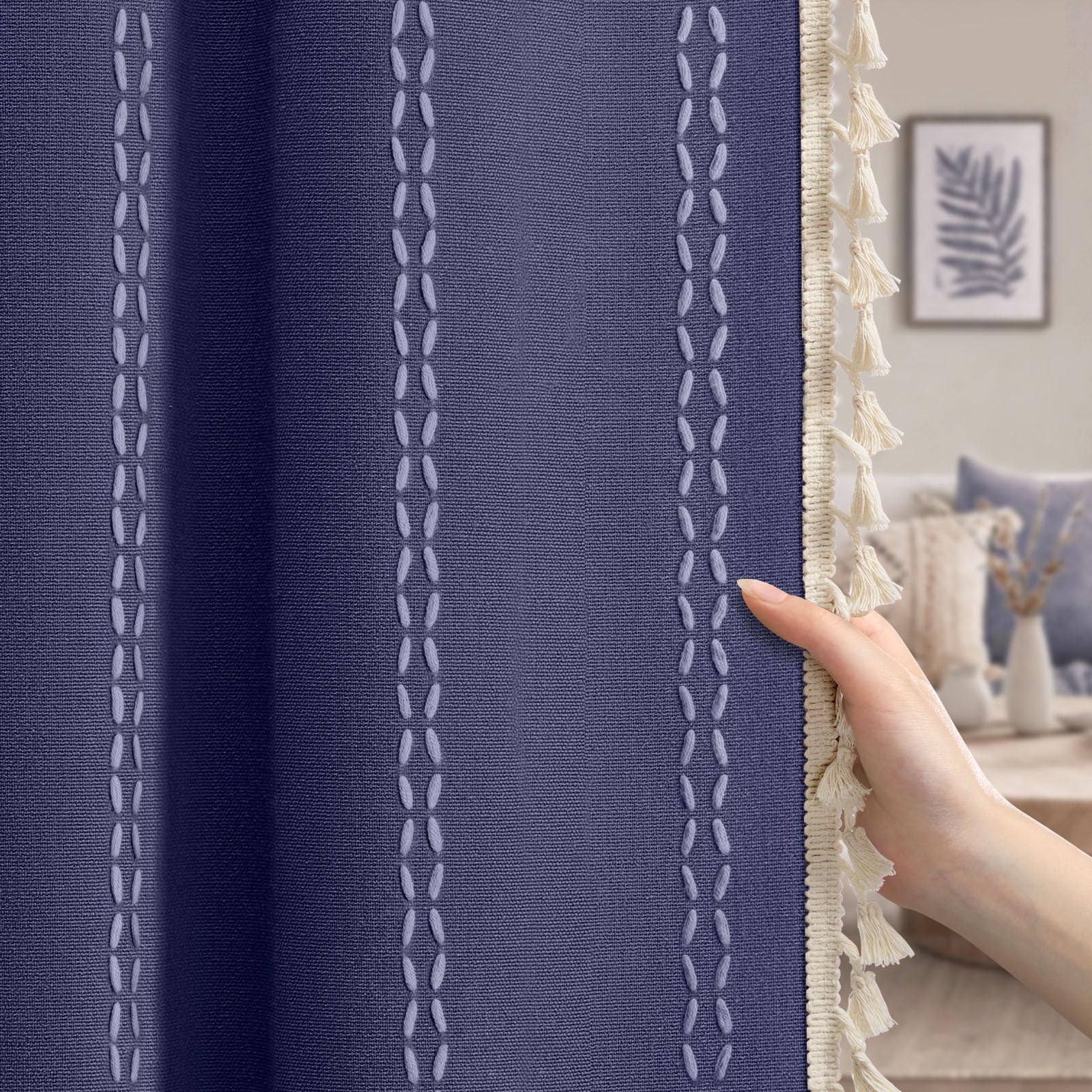 Boho Blackout Curtains 2 Panels 84 Inch for Living Room Bedroom, Beige Linen Texture Farmhouse Curtains with Tassels and Cotton Embroidery Vintage Rustic Western Rod Pocket
