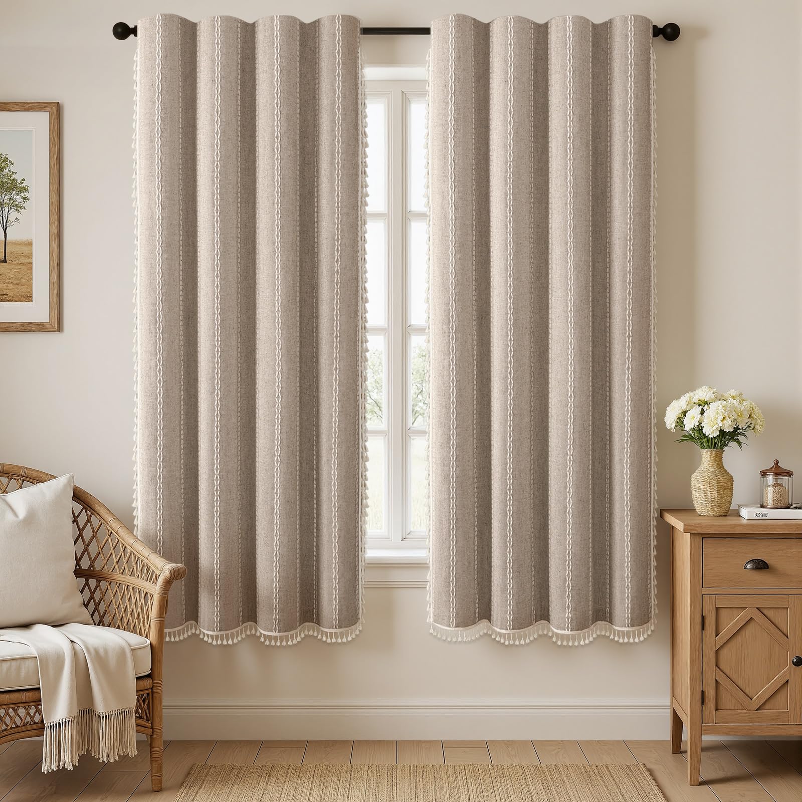 Boho Blackout Curtains 2 Panels 84 Inch for Living Room Bedroom, Beige Linen Texture Farmhouse Curtains with Tassels and Cotton Embroidery Vintage Rustic Western Rod Pocket