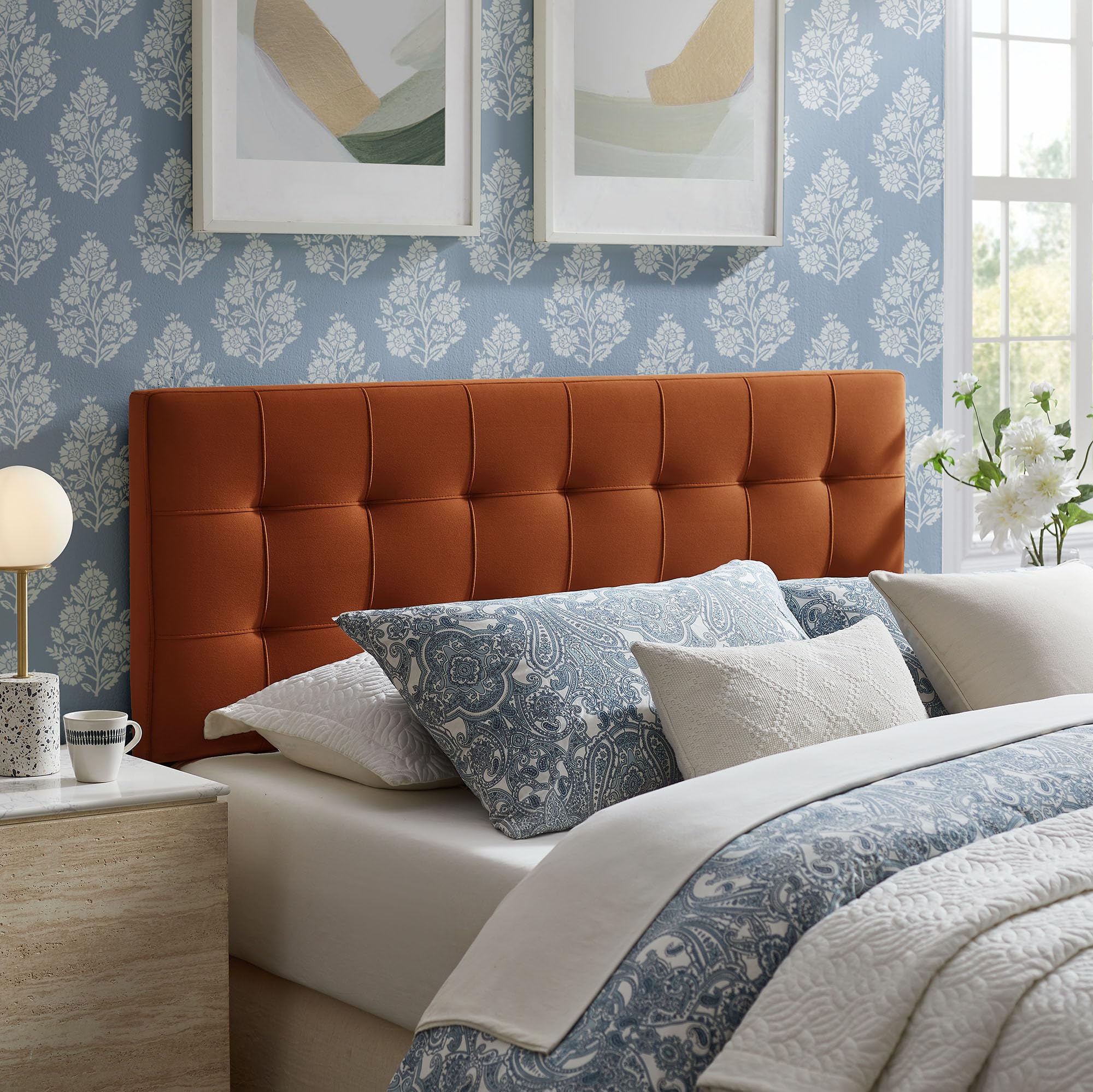 Modway Lily Performance Velvet Full Size Headboard with Biscuit Tufting in Alabaster - Stain-Resistant Upholstery with Padded Design and 5 Height-Adjustable Mounts