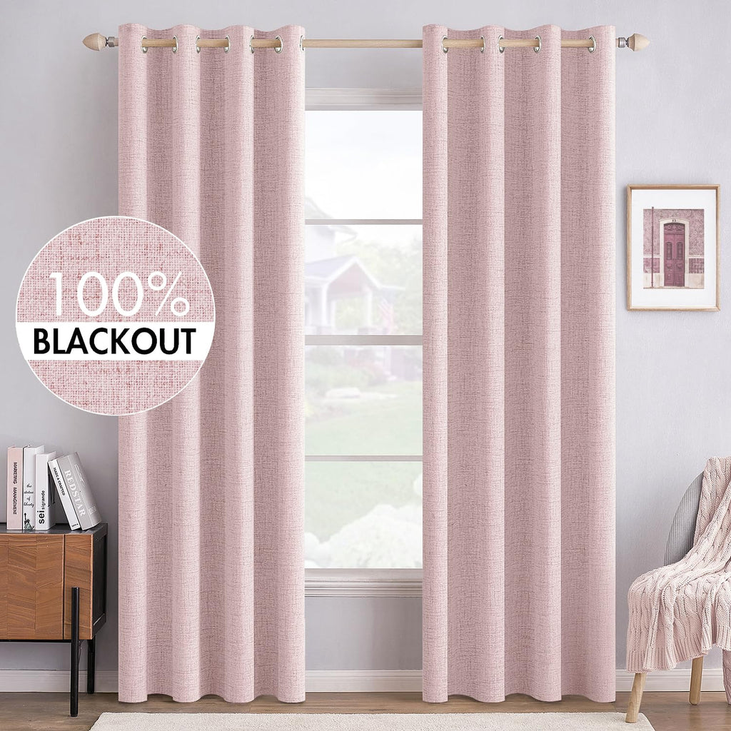 MIULEE 100% Blackout Linen Textured Curtains for Bedroom Solid Thermal Insulated Natural Beige Grommet Room Darkening Curtains & Drapes Luxury Decor for Living Room Nursery 52 x 96 Inch (2 Panels)