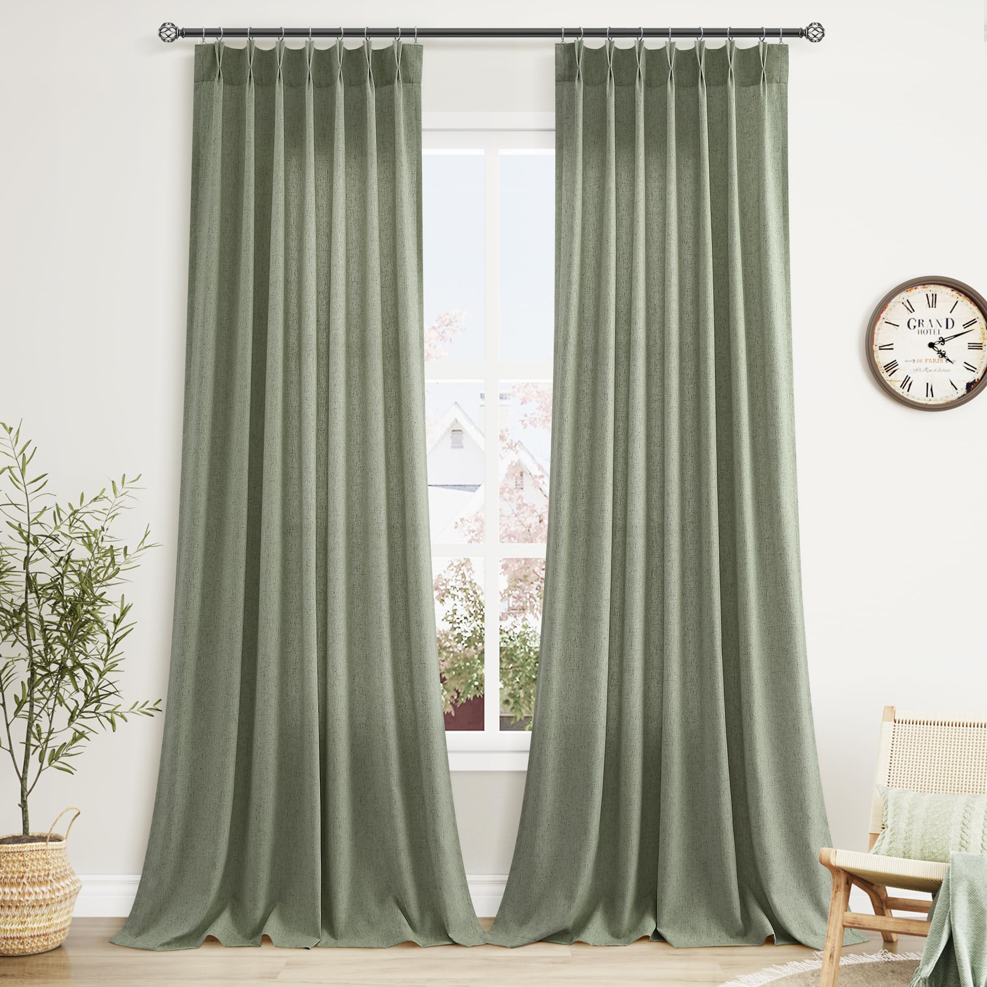 Extra Long Linen Curtains 108 Inch for Living Room Cream Pinch Pleated 9 FT Drapes Semi Sheer Ceiling to Floor Curtain for Bedroom Back Tab Flax Neutral Boho Decor Window, Natural Beige Ivory 2 Panels