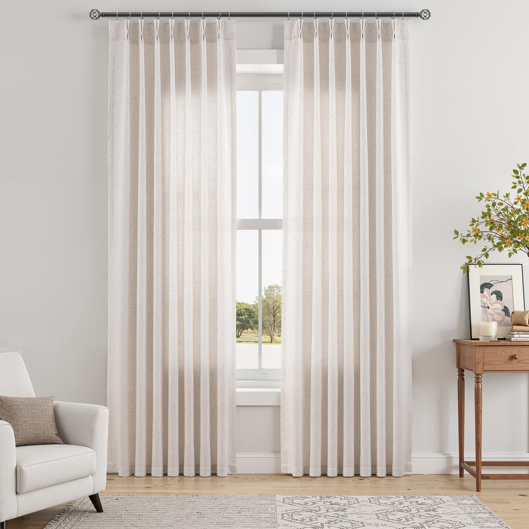 Extra Long Linen Curtains 108 Inch for Living Room Cream Pinch Pleated 9 FT Drapes Semi Sheer Ceiling to Floor Curtain for Bedroom Back Tab Flax Neutral Boho Decor Window, Natural Beige Ivory 2 Panels