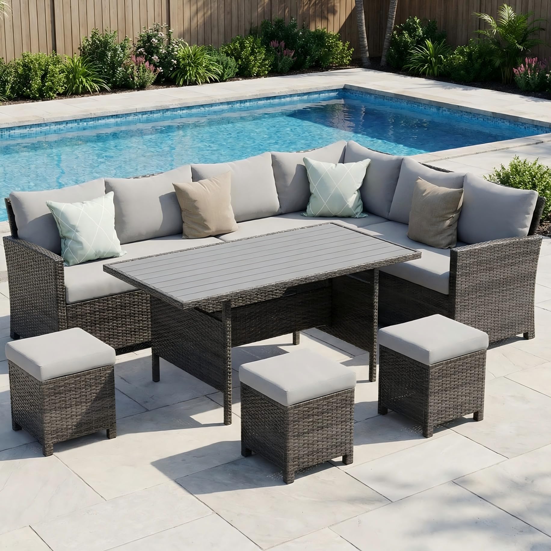 Wisteria Lane 7 Piece Patio Furniture Set, High Curved Back Wicker Patio Sectional, All Weather Outdoor Dining Set, Outdoor Furniture Patio Conversation Set with Ottoman, Blue