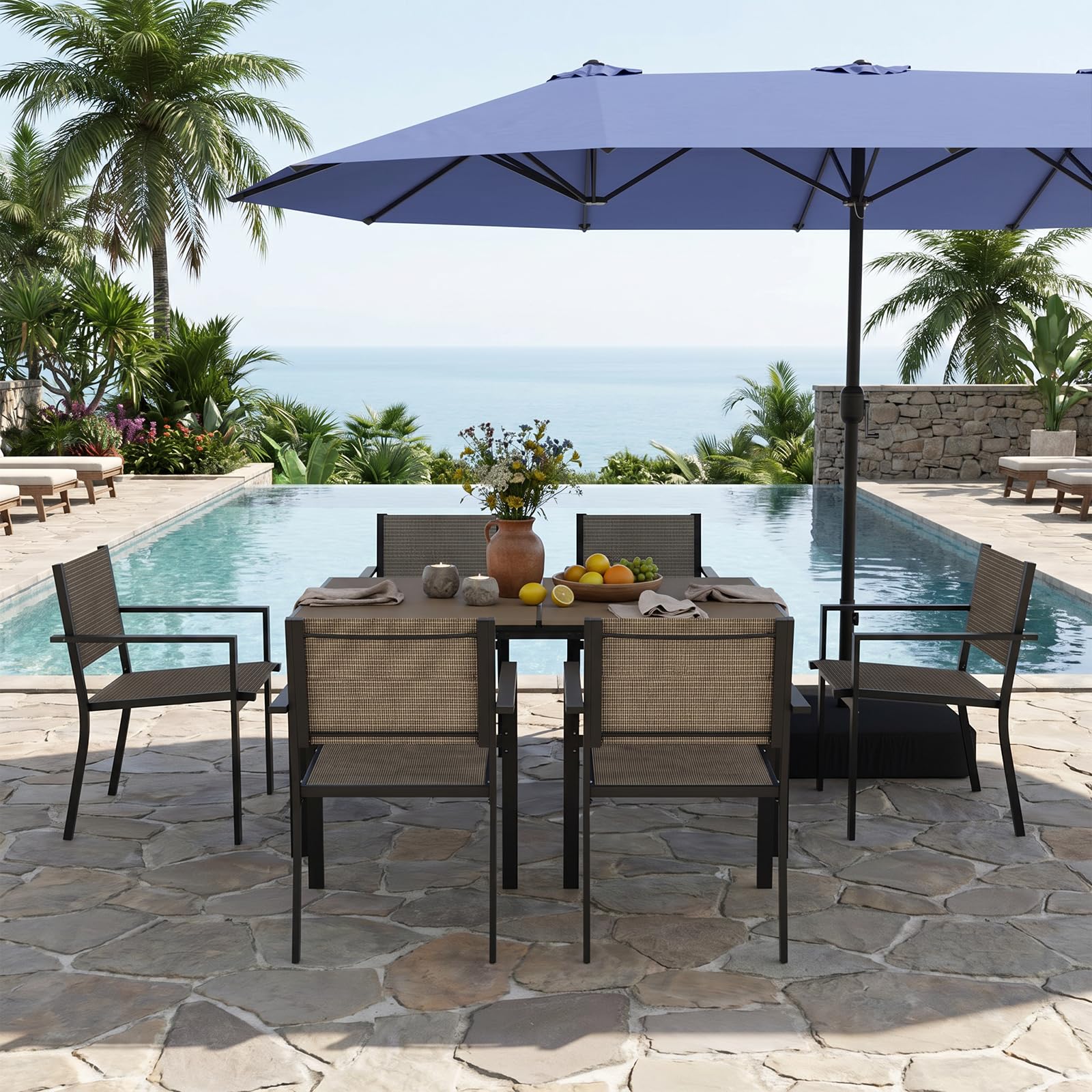 Aoxun 7-Piece Patio Table and Chairs Set for 6, All Weather Outdoor Dining Set with 6 Textilene Chairs and 1 Rectangular Metal Table, Patio Dining Sets for Backyard, Garden and Poolside, Brown