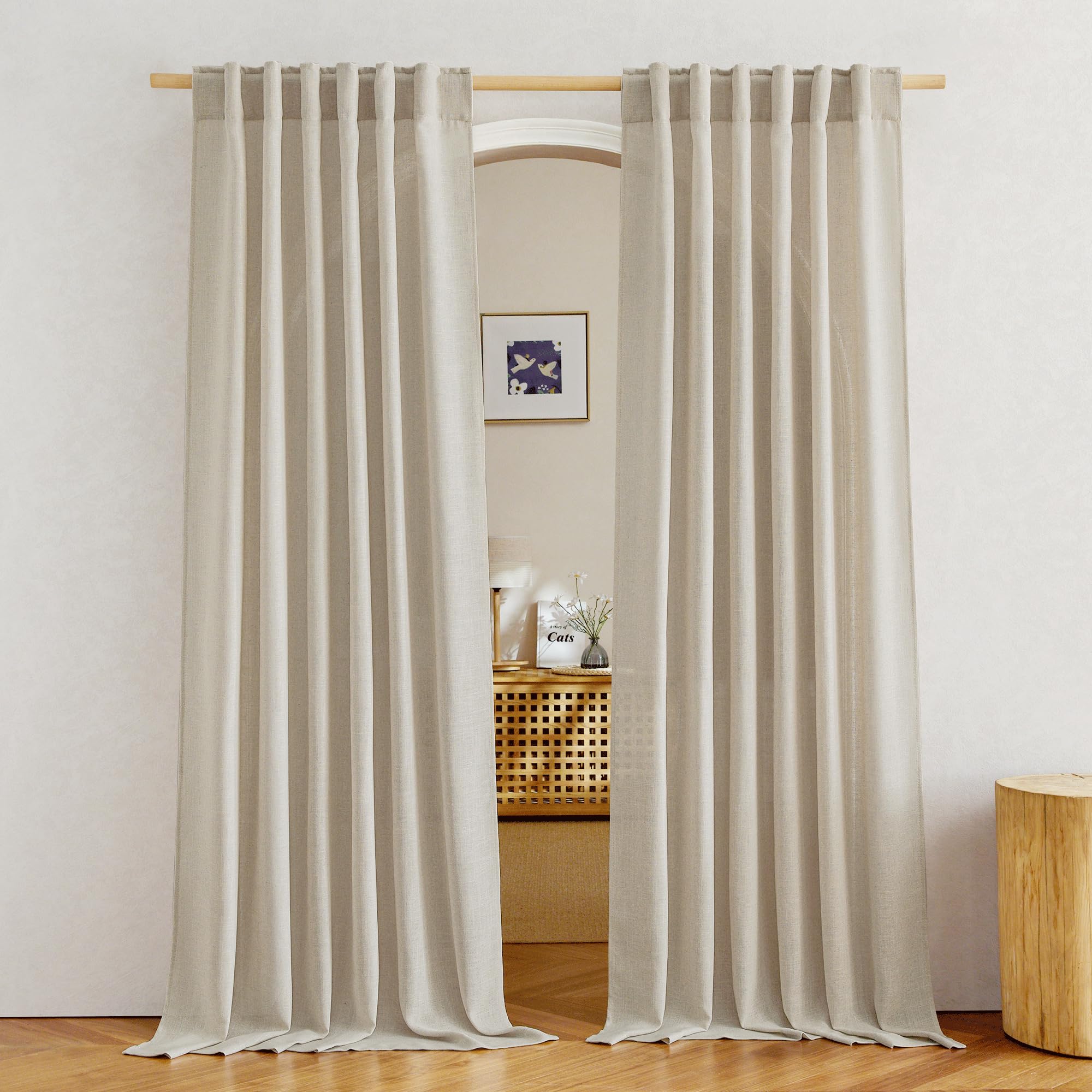NICETOWN 120 inch Curtains Linen Blend for Bedroom, Rod Pocket & Back Tab Natural Linen Burlap Semi Sheer Window Treatments Privacy with Light Filtering for Living Room, W52 x L120, 2 Panels